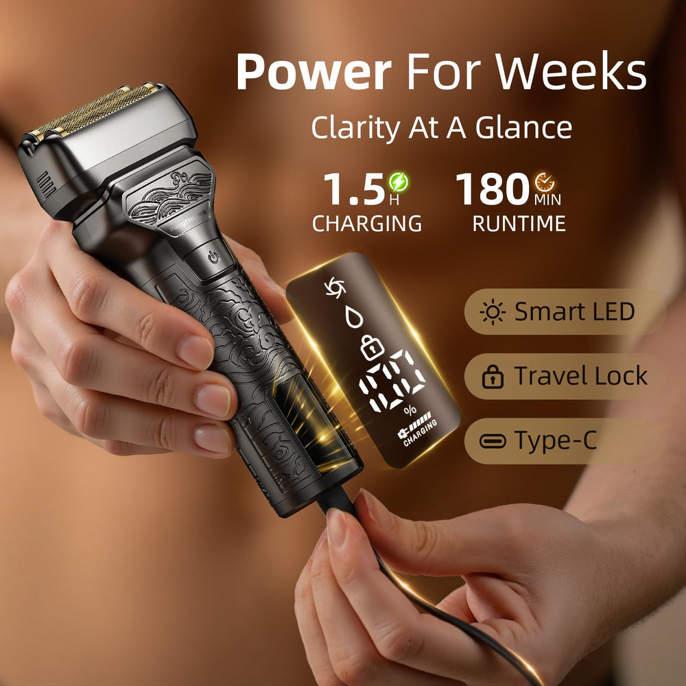 PongTHUMB dual-foil heads glide along contours for a close shave.