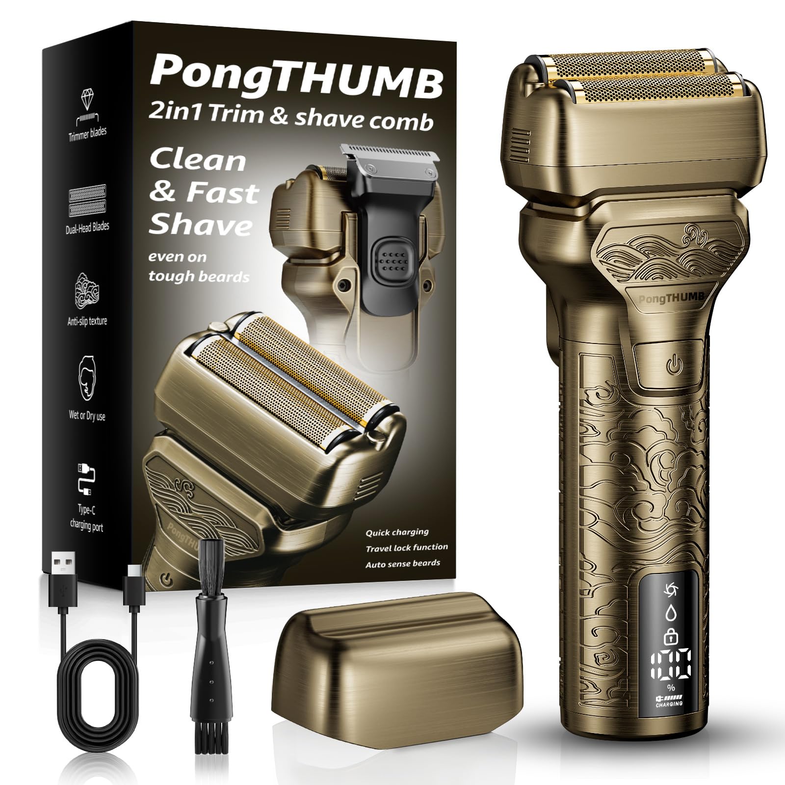 PongTHUMB Electric Foil Shaver head close-up for precise shaving.