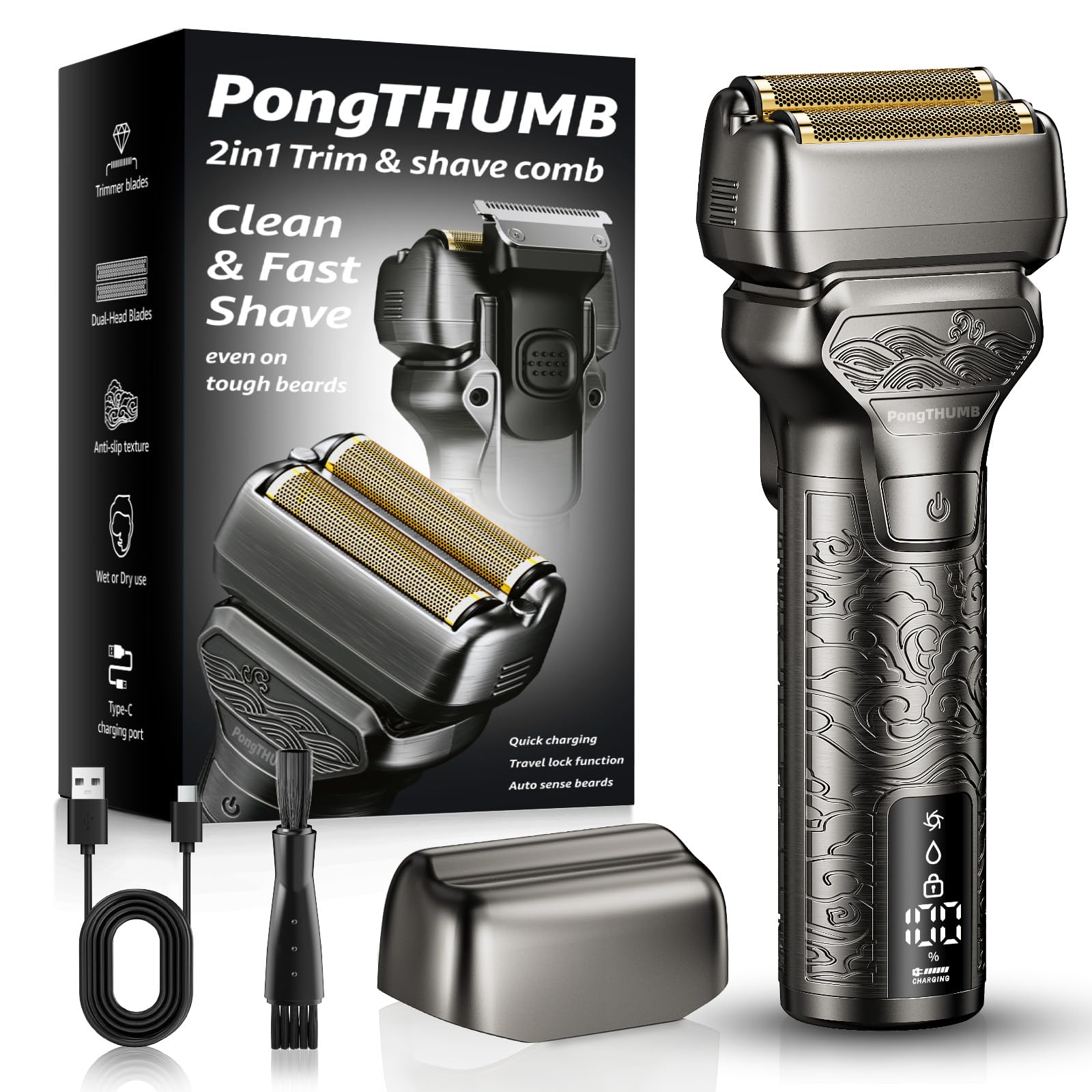 PongTHUMB electric foil shaver with metal body for a precise, comfortable shave.