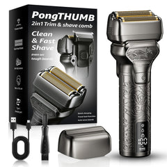 PongTHUMB electric foil shaver with metal body for a precise, comfortable shave.