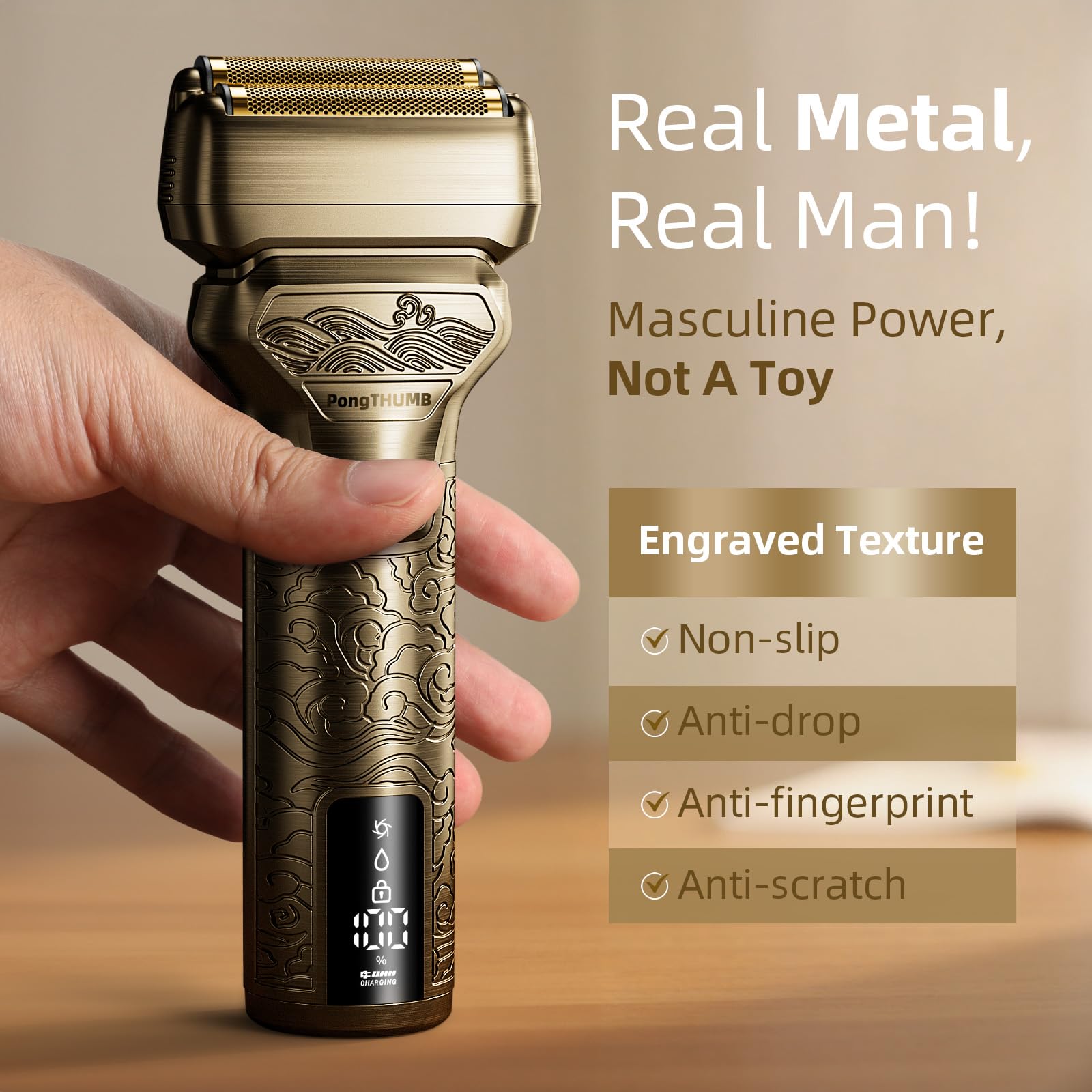 PongTHUMB Electric Foil Shaver used wet or dry for convenience.