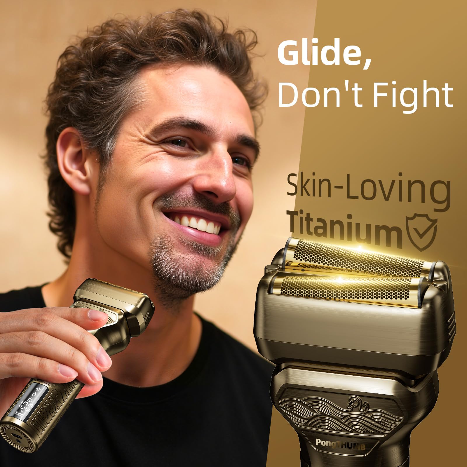 PongTHUMB Electric Shaver dual-foil heads deliver close shaves.