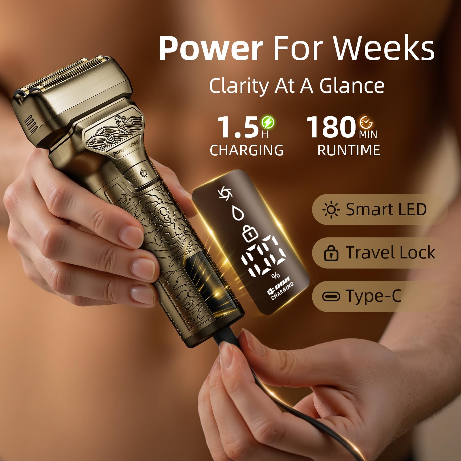 PongTHUMB LED display shows battery status for easy planning.