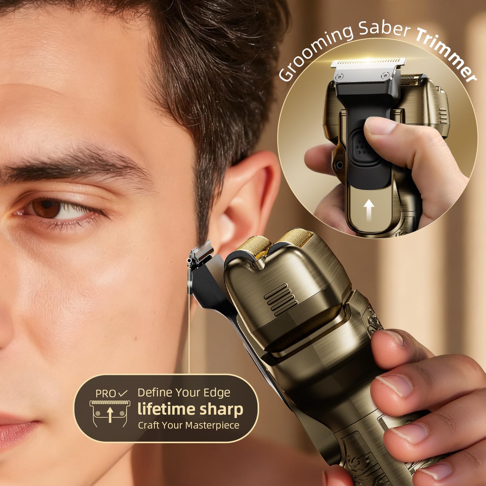 PongTHUMB Push-up Trimmer for detailing sideburns and beard.