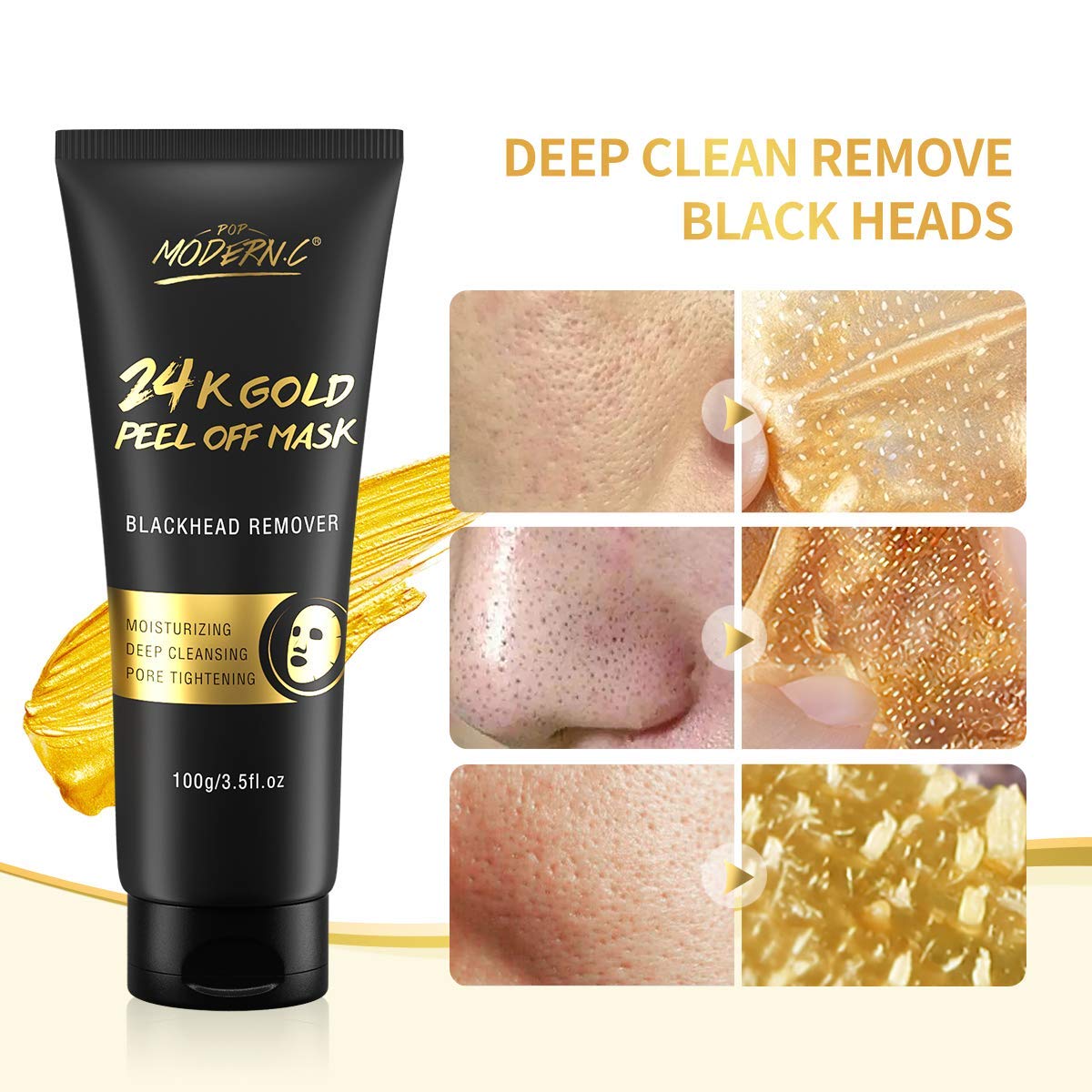 POP MODERN.C 24K Gold Peel-Off Mask jar demonstrates luxurious texture and premium ingredients