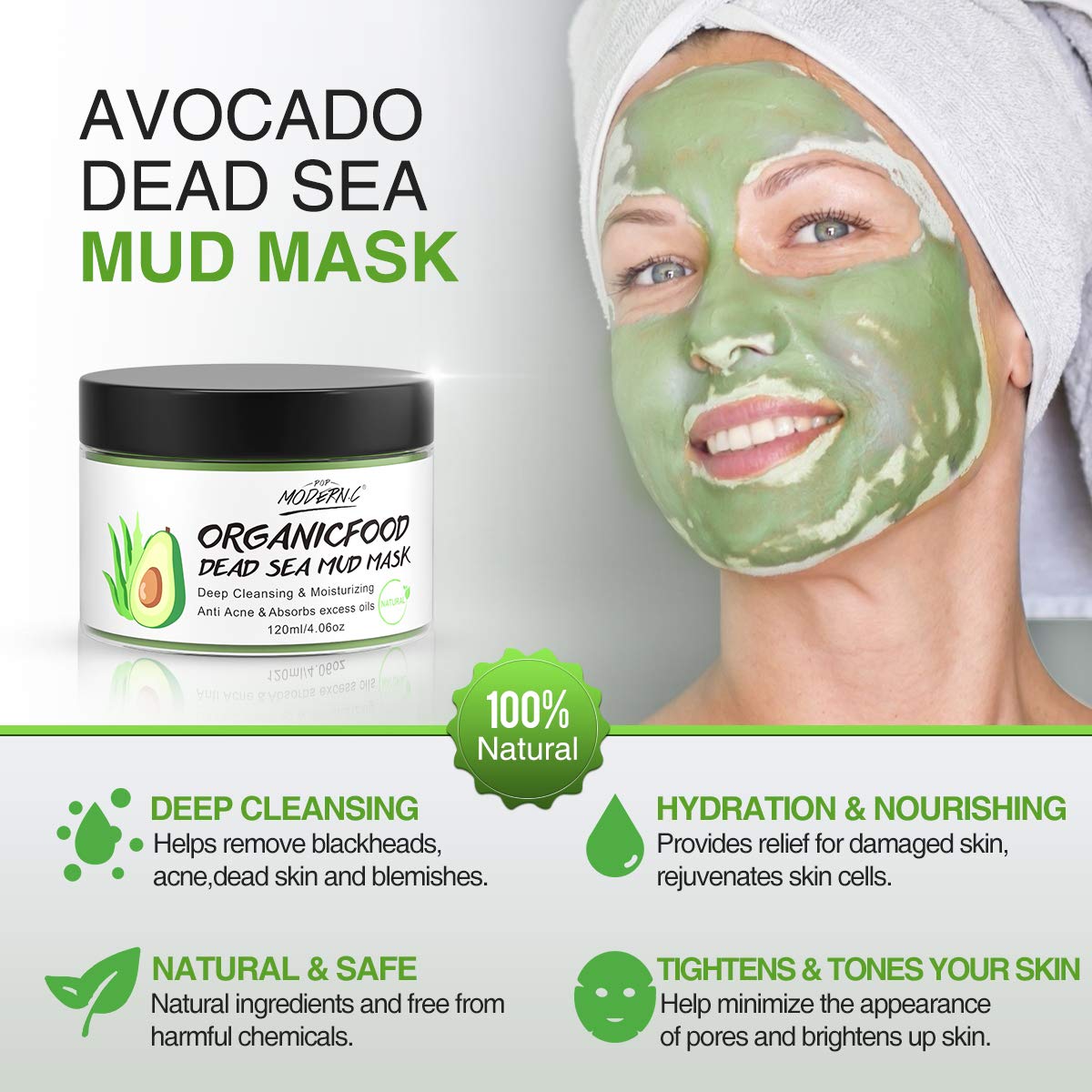 POP MODERN.C Green Tea Avocado ingredients closeup highlights soothing, antioxidant-rich formula.