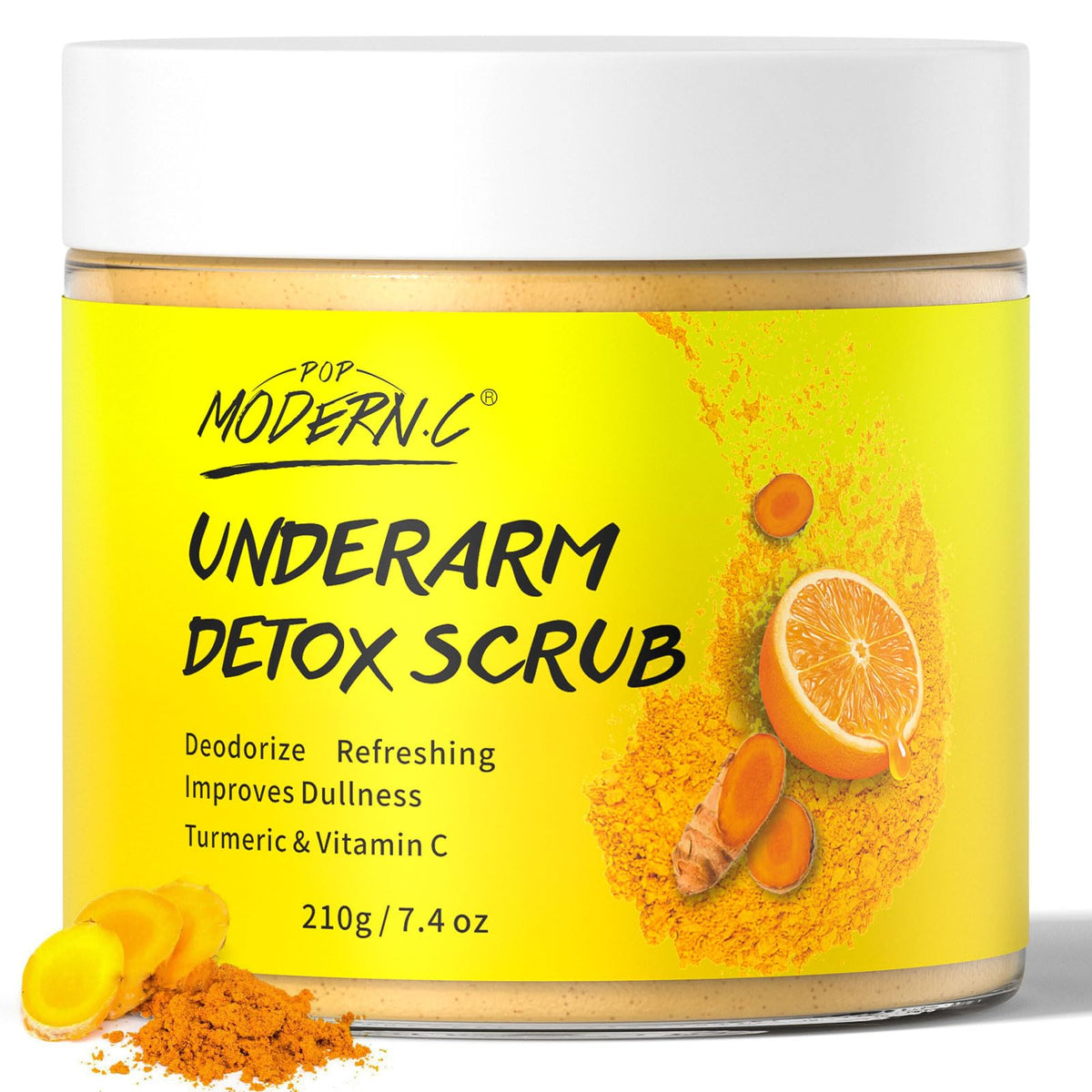 POP MODERN.C Underarm Detox Scrub jar closeup with turmeric blend for refreshed skin