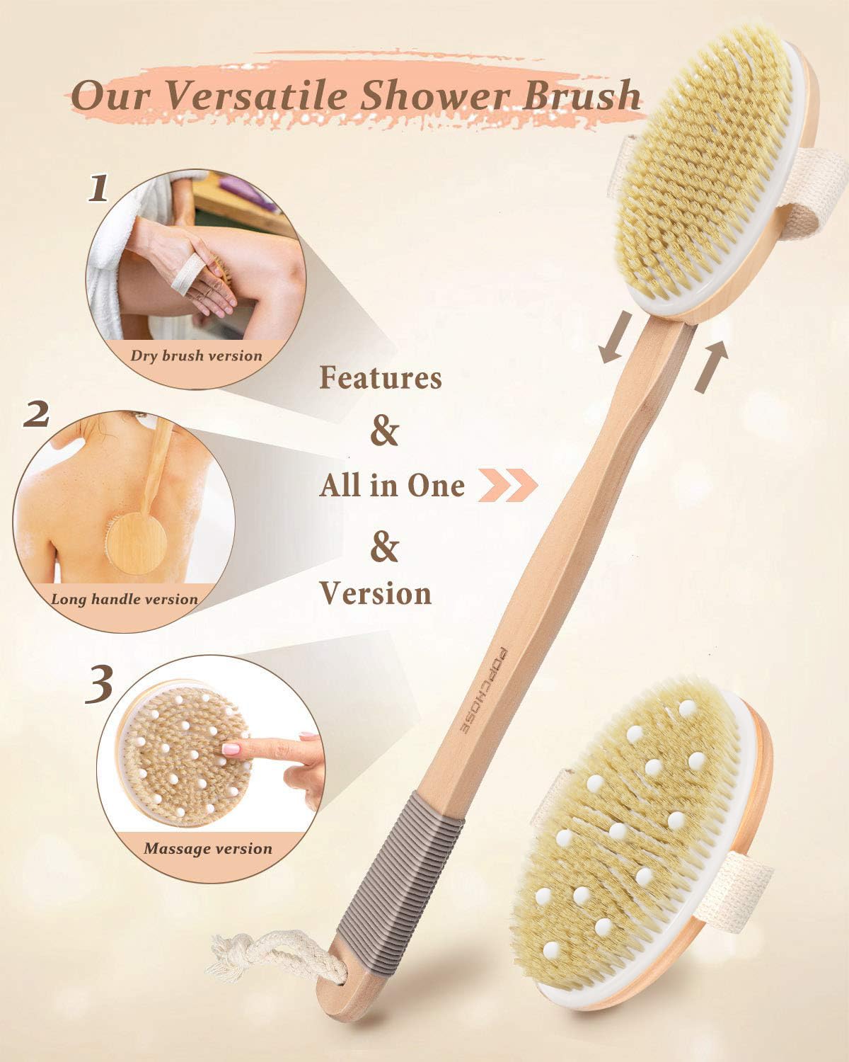 POPCHOSE back scrubber detachable handle offers easy reach during cleansing