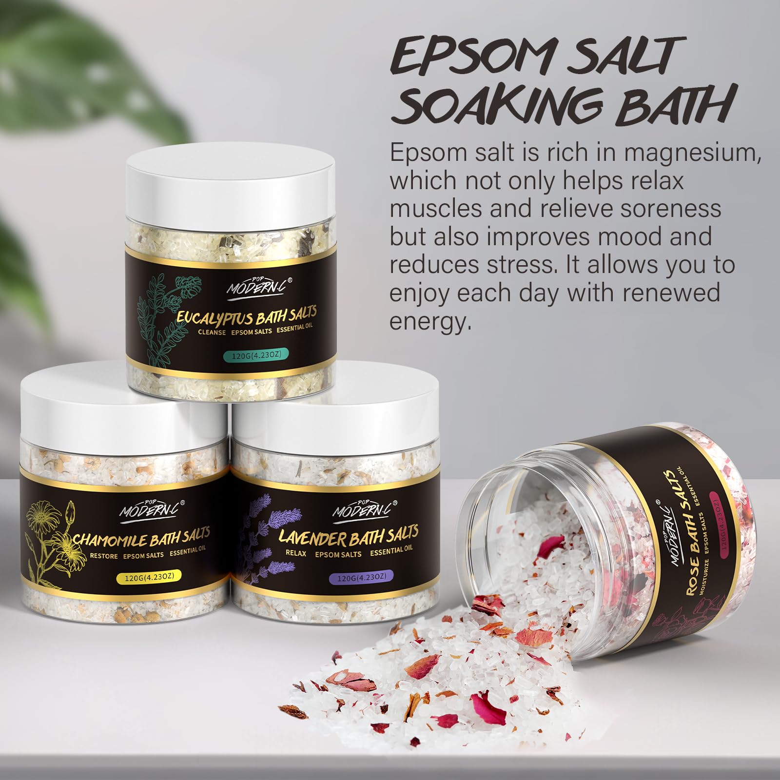 POP MODERN.C rose bath salts close-up suggests moisturization and skin-softening benefits