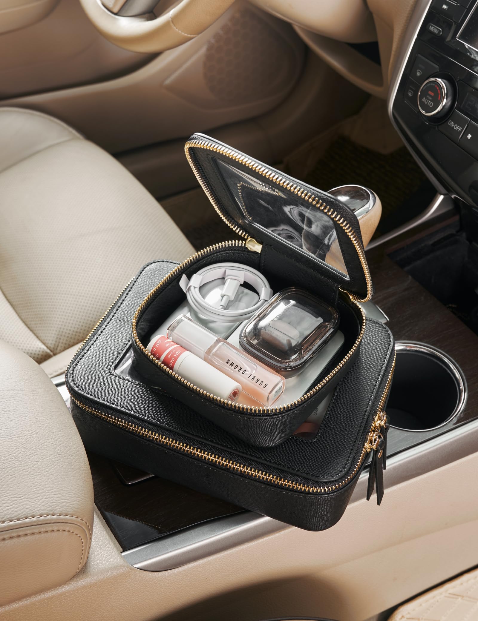 Popvibe mini clear black makeup bag material shot shows saffiano faux leather texture