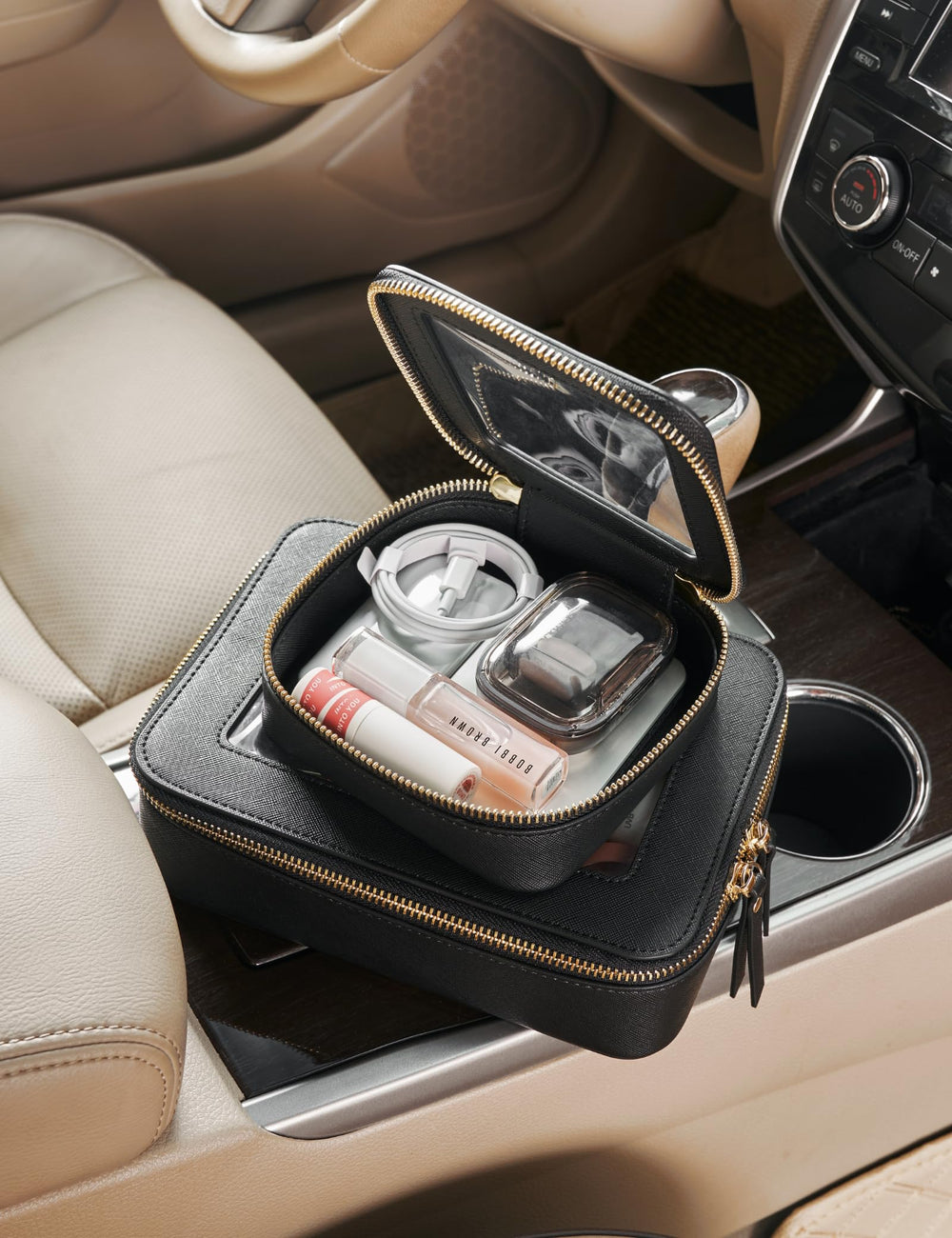 Popvibe mini clear black makeup bag material shot shows saffiano faux leather texture