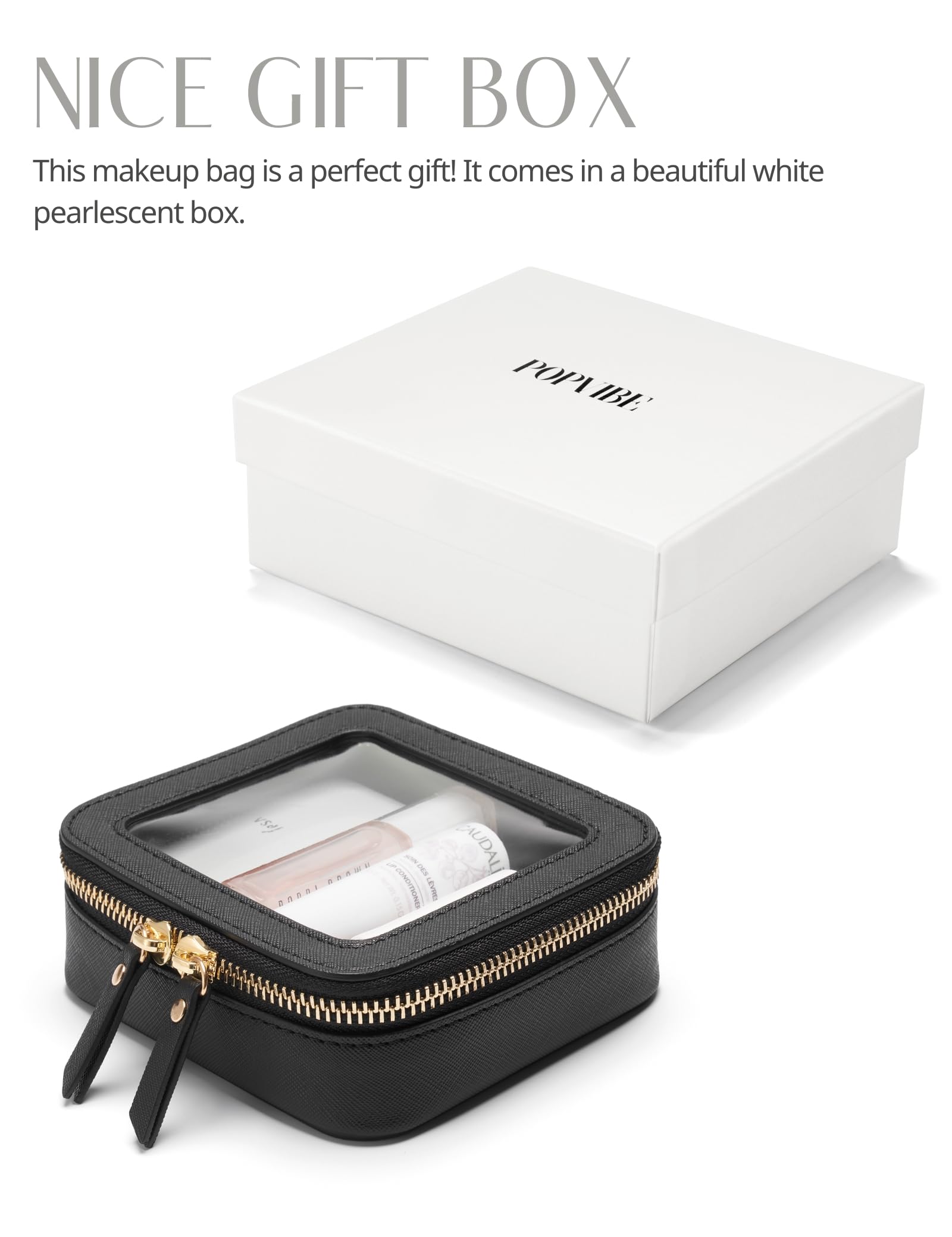Popvibe mini clear black makeup bag portability for travel, work, or school