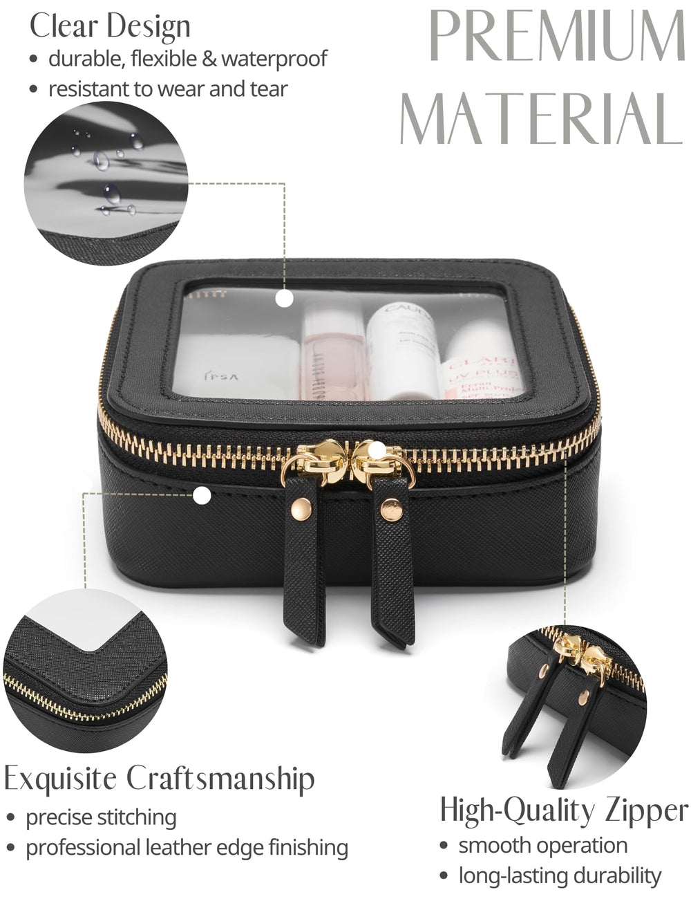 Popvibe mini clear black makeup bag side view highlights zipper and compact size