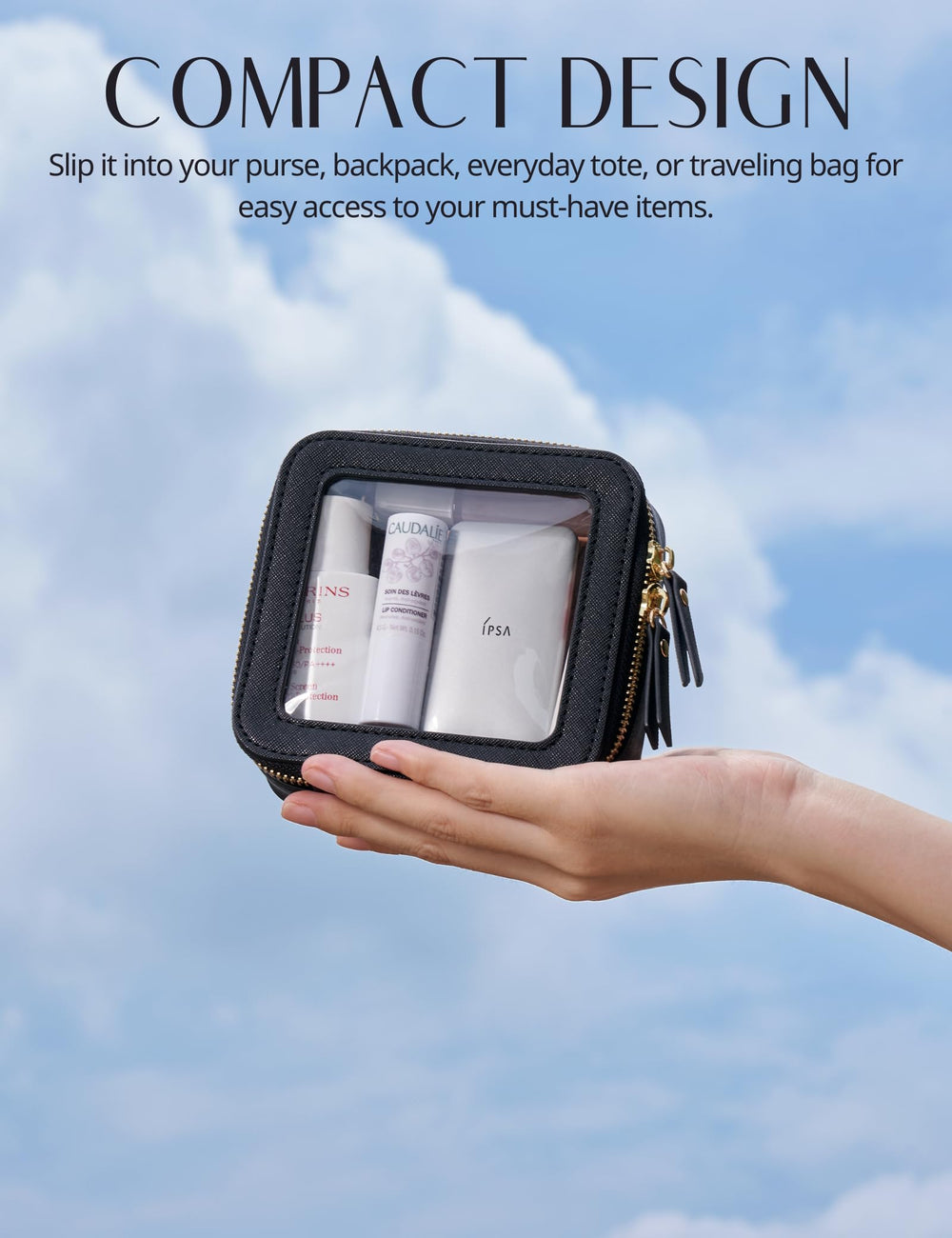 Popvibe mini clear black makeup bag size view demonstrates compact dimensions