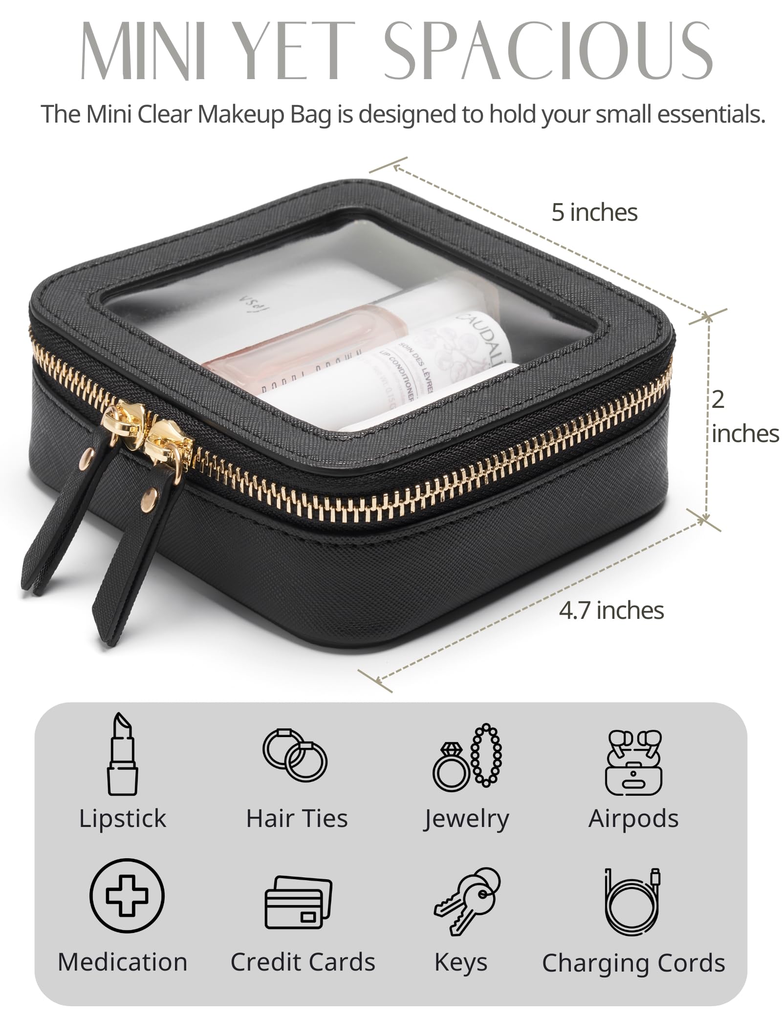 Popvibe mini clear black makeup bag zipper detail emphasizes secure closure