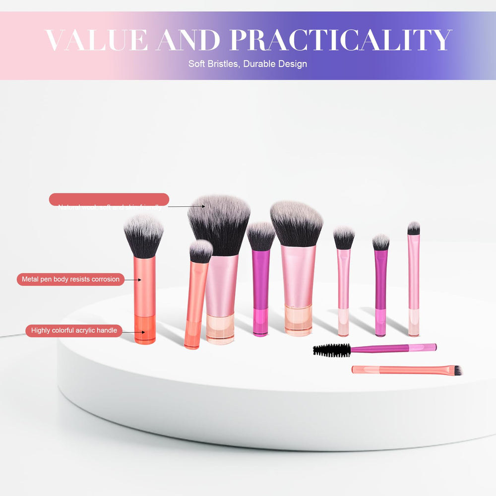 Contour and eyebrow brushes in Portable 10Pcs Travel Set enhance definition.