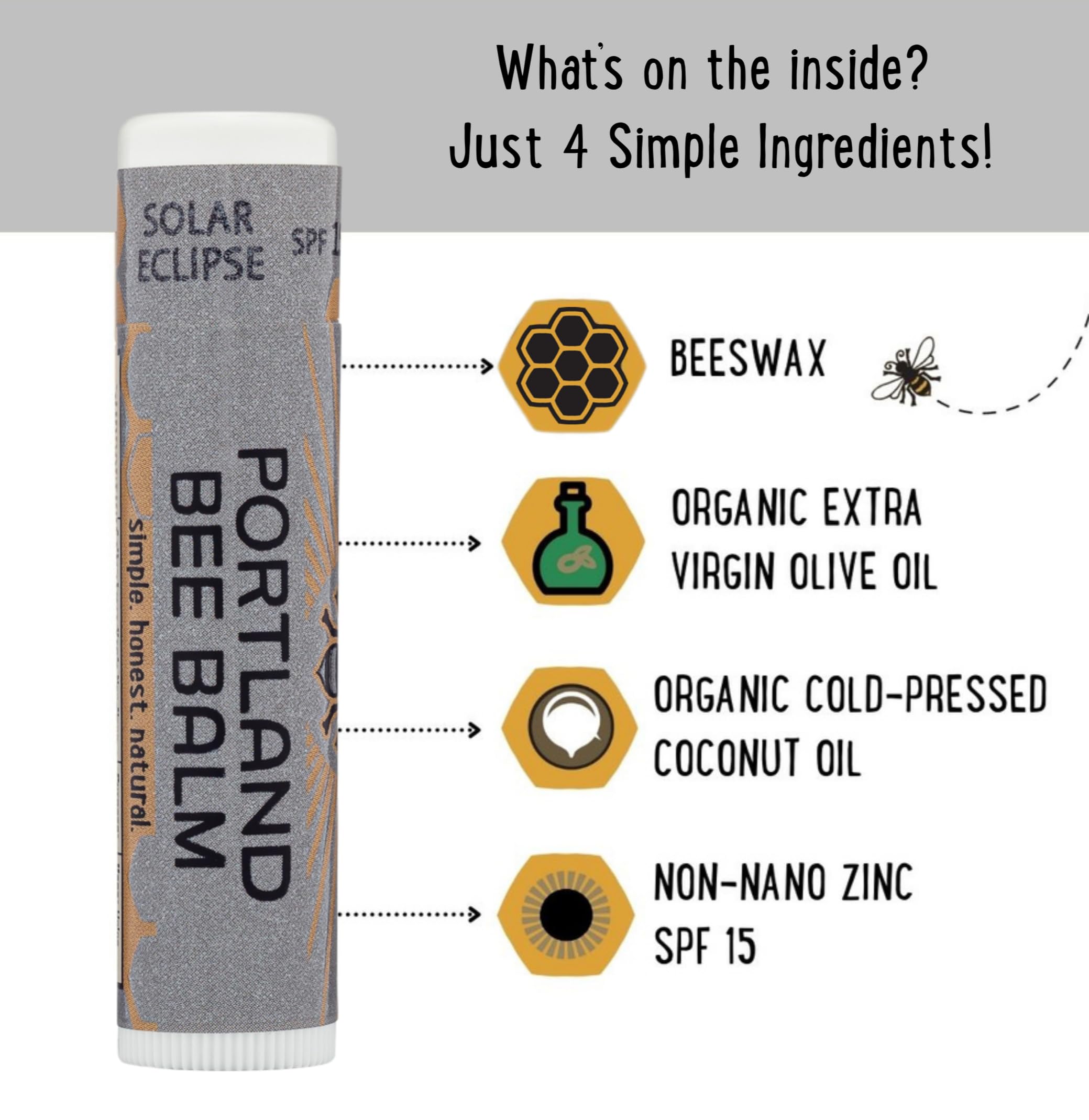 Portland Bee Balm Solar Eclipse SPF 15 badge visible for sun care.