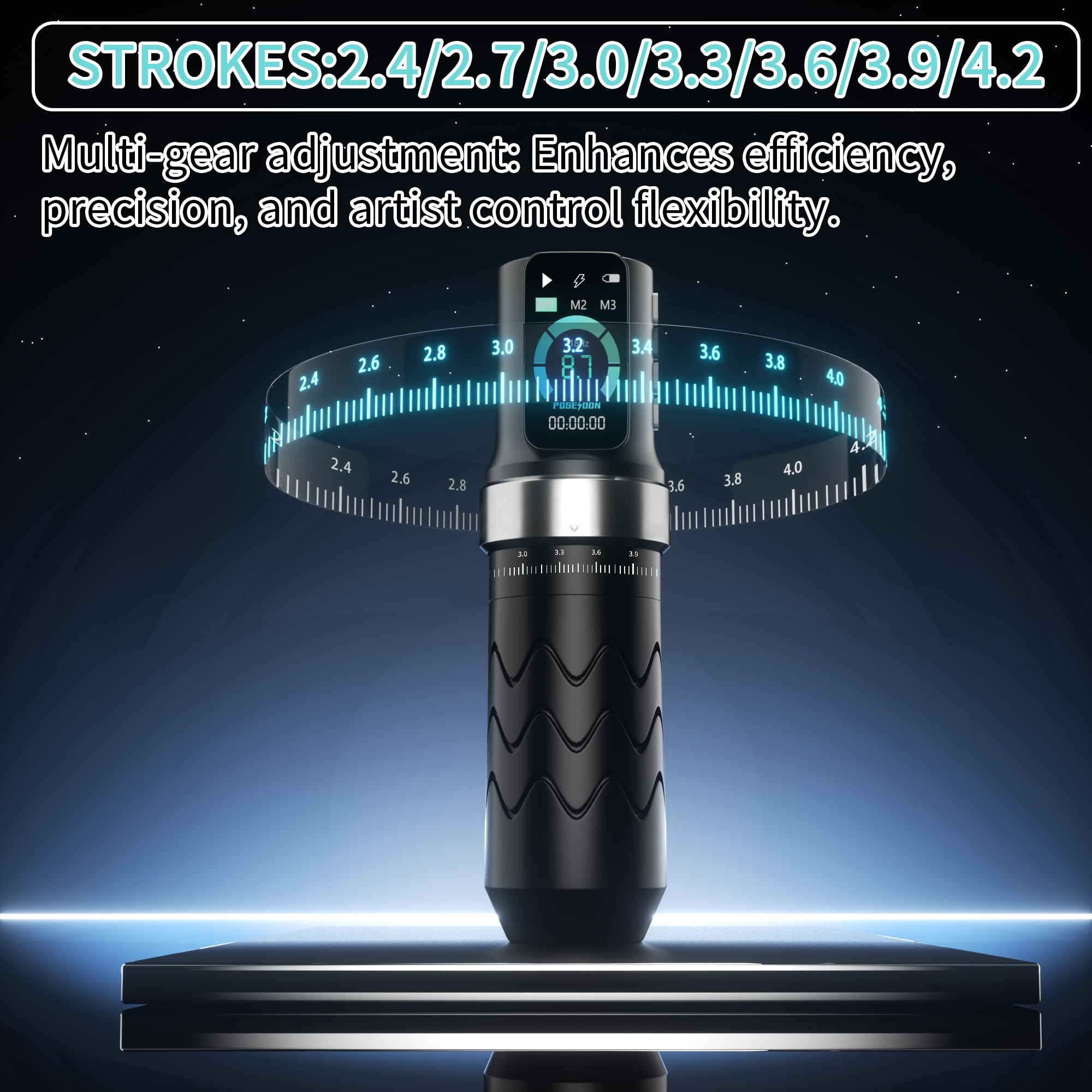 POSEIDON dual 2300mAh batteries powering long sessions with quick swaps