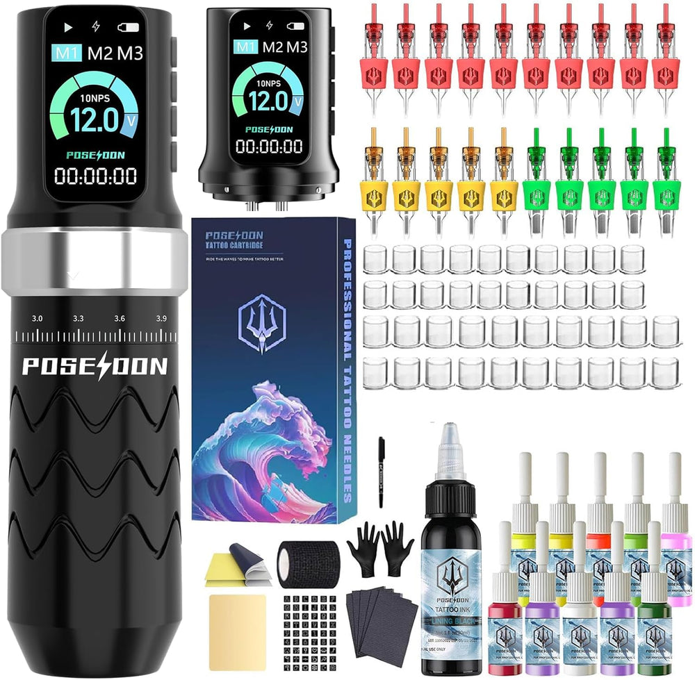 POSEIDON wireless tattoo gun kit in action enables cord free precision during mobile sessions