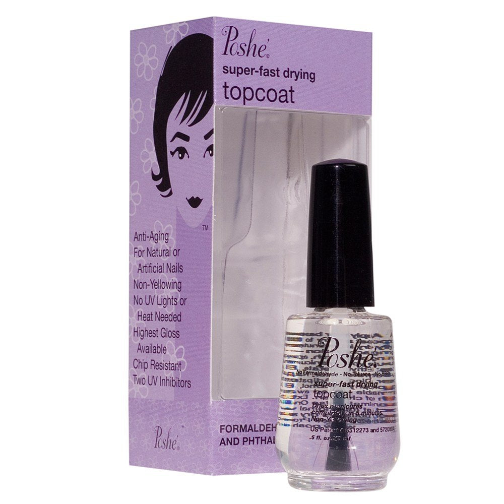 Poshe super fast drying top coat closeup shows quick-dry shine for manicures.