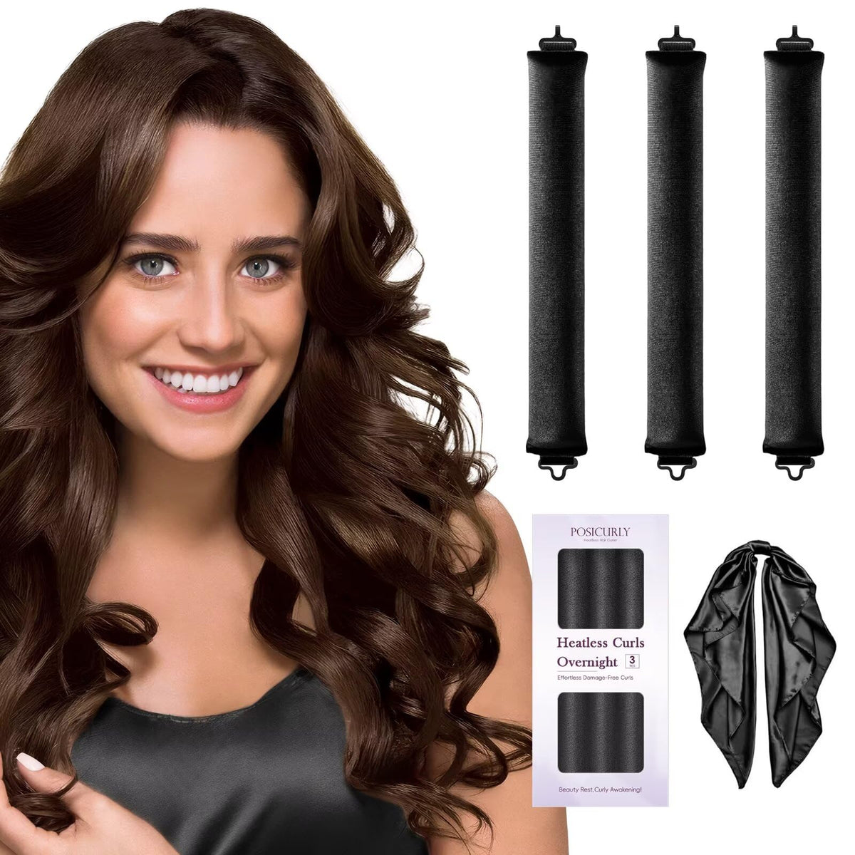 Posicurly heatless hair curler overnight setup with satin scarf for easy curls.