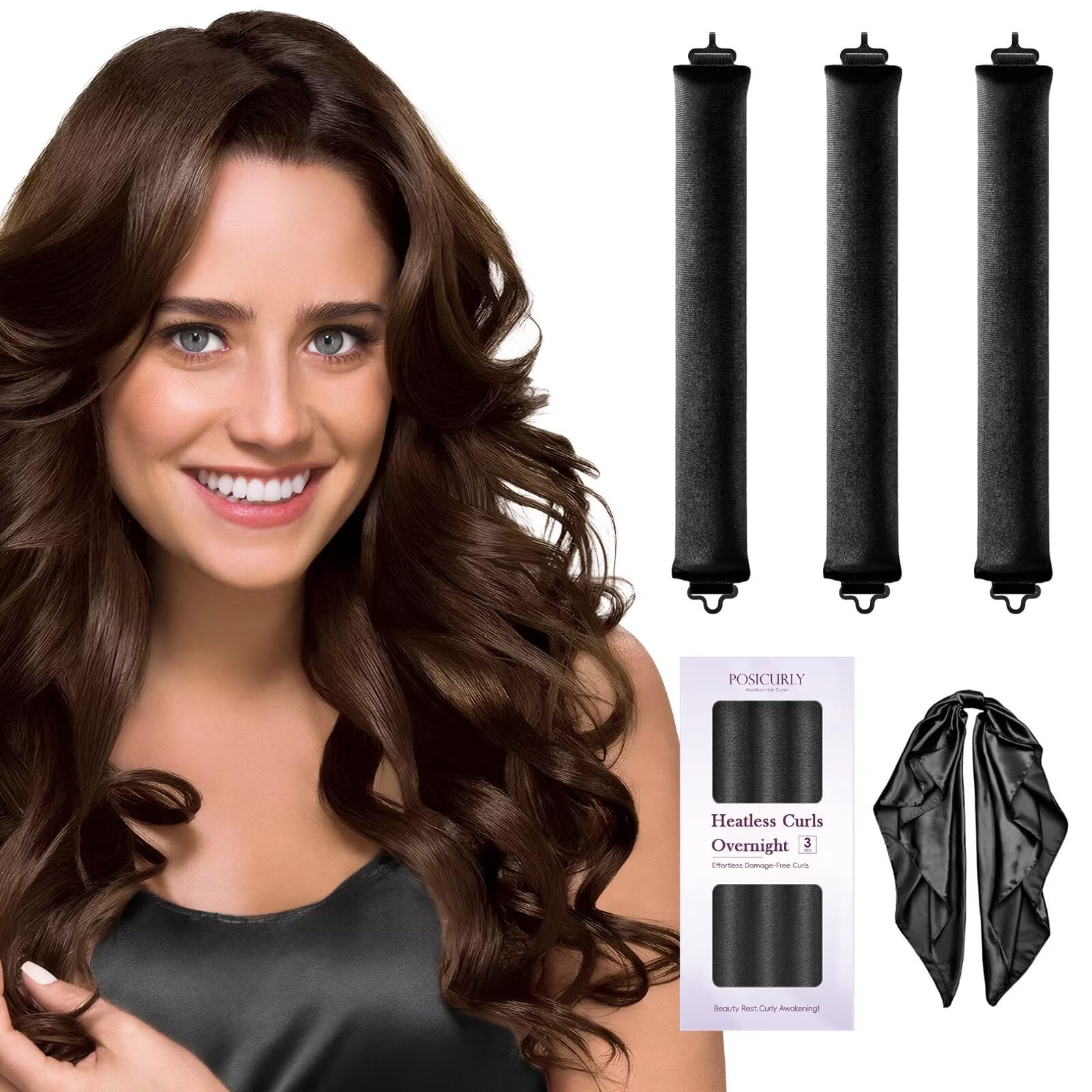 Posicurly heatless hair curler overnight setup with satin scarf for easy curls.