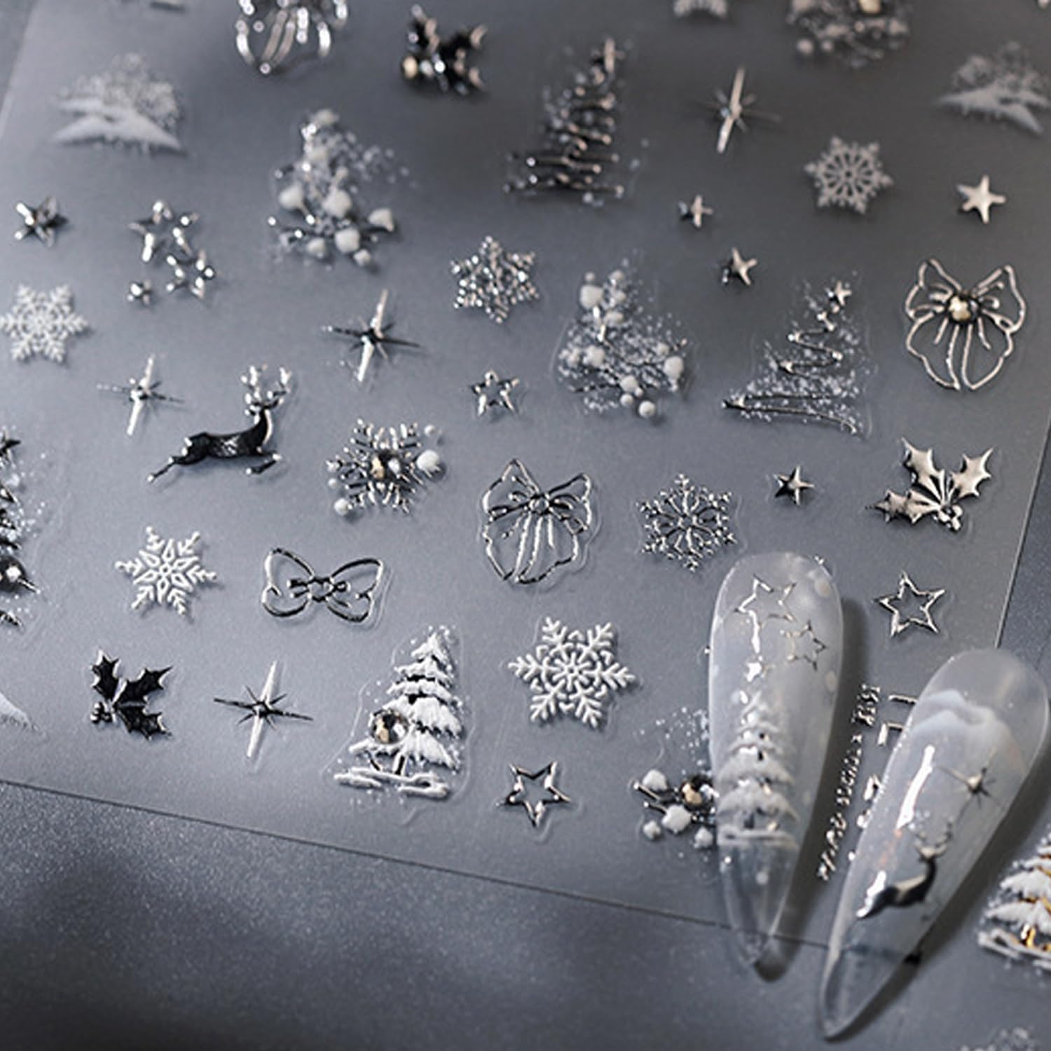 Posyofet self-adhesive nail decals featuring Christmas-tree designs for easy DIY manicures.