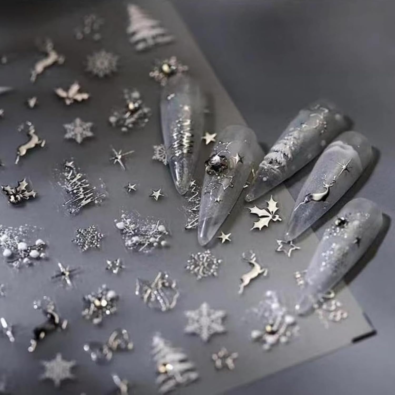 Posyofet silver nail art stickers with detailed patterns for festive sparkle.
