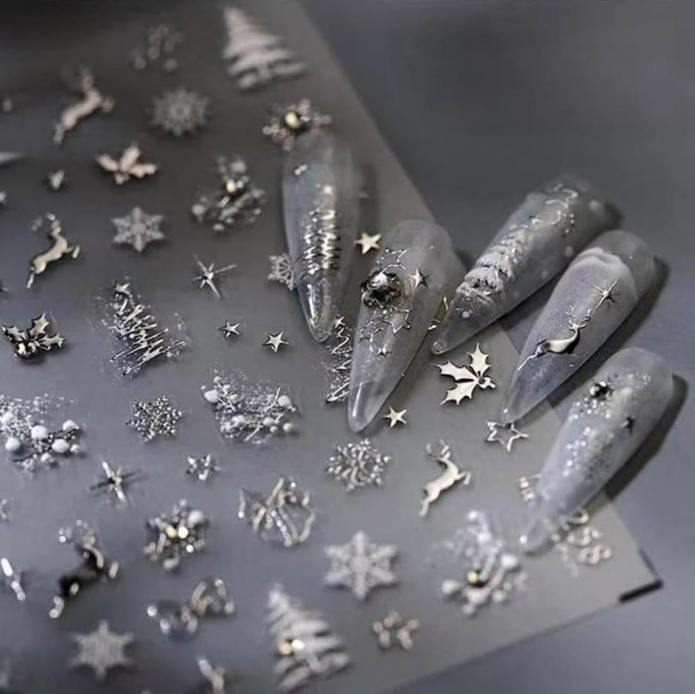 Posyofet silver nail art stickers with detailed patterns for festive sparkle.