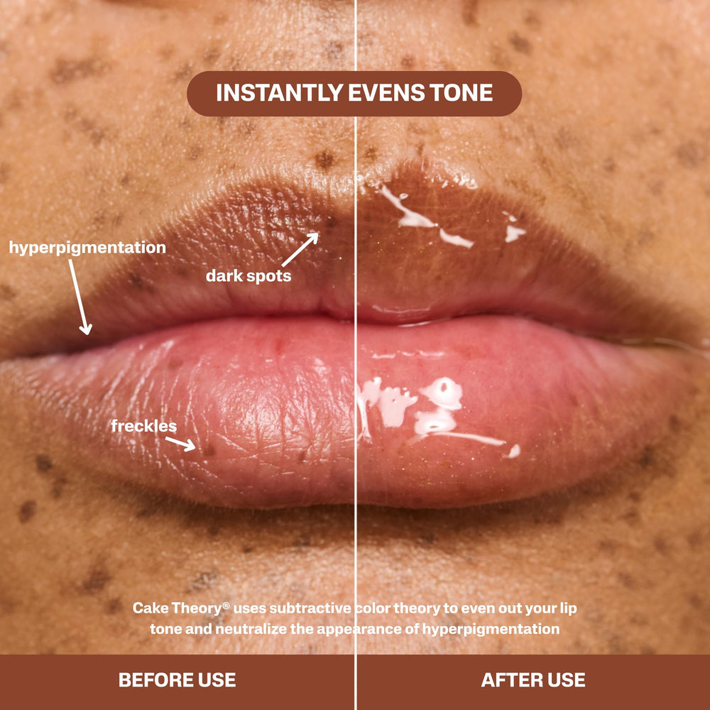 POUND CAKE Cake Theory lip oil dispense—precise application for smooth lips.
