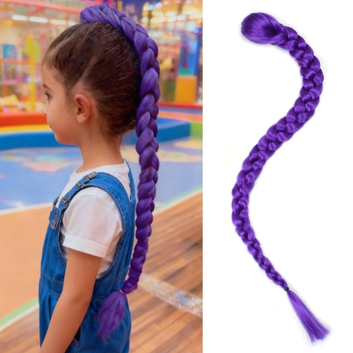 POUWENEY 26-inch purple braid pony tail clip-in for cosplay styling.