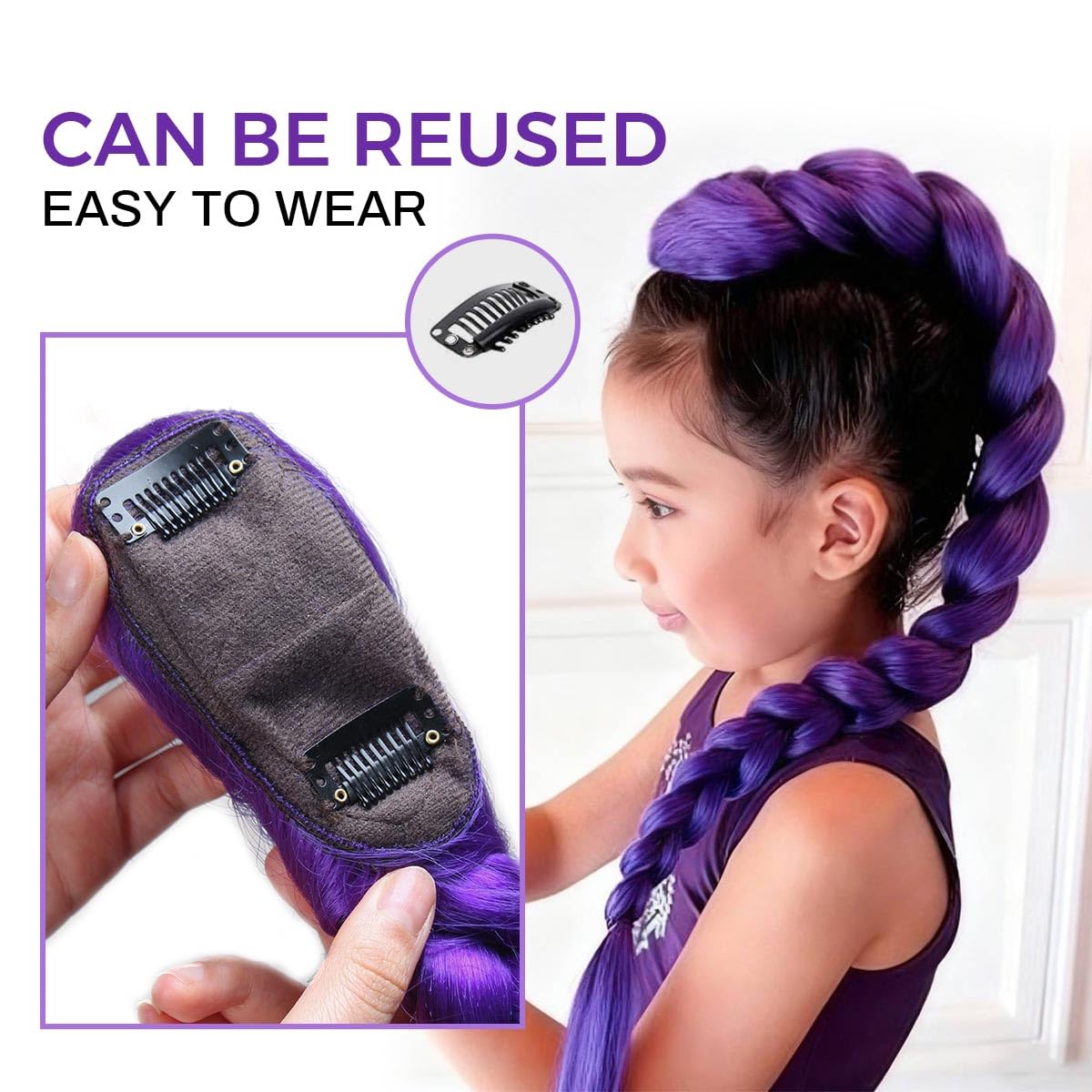 POUWENEY purple braid pony tail close-up shows colorfast purple tone.
