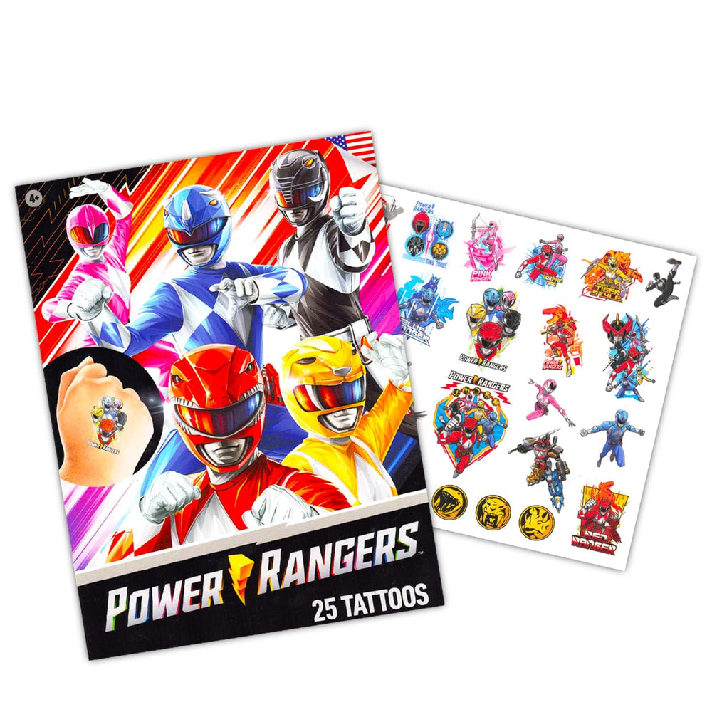 Power Rangers party favors pack displayed as colorful decorations and activities.