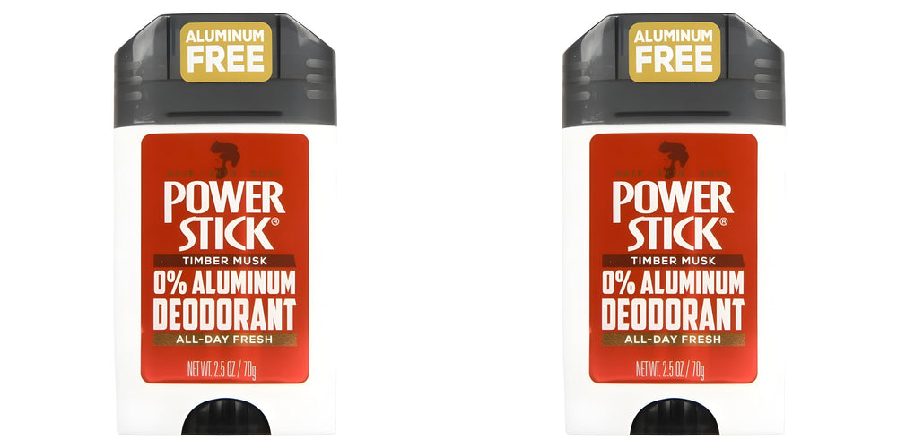 Power Stick Timber Musk deodorant label close-up notes aluminum-free formula