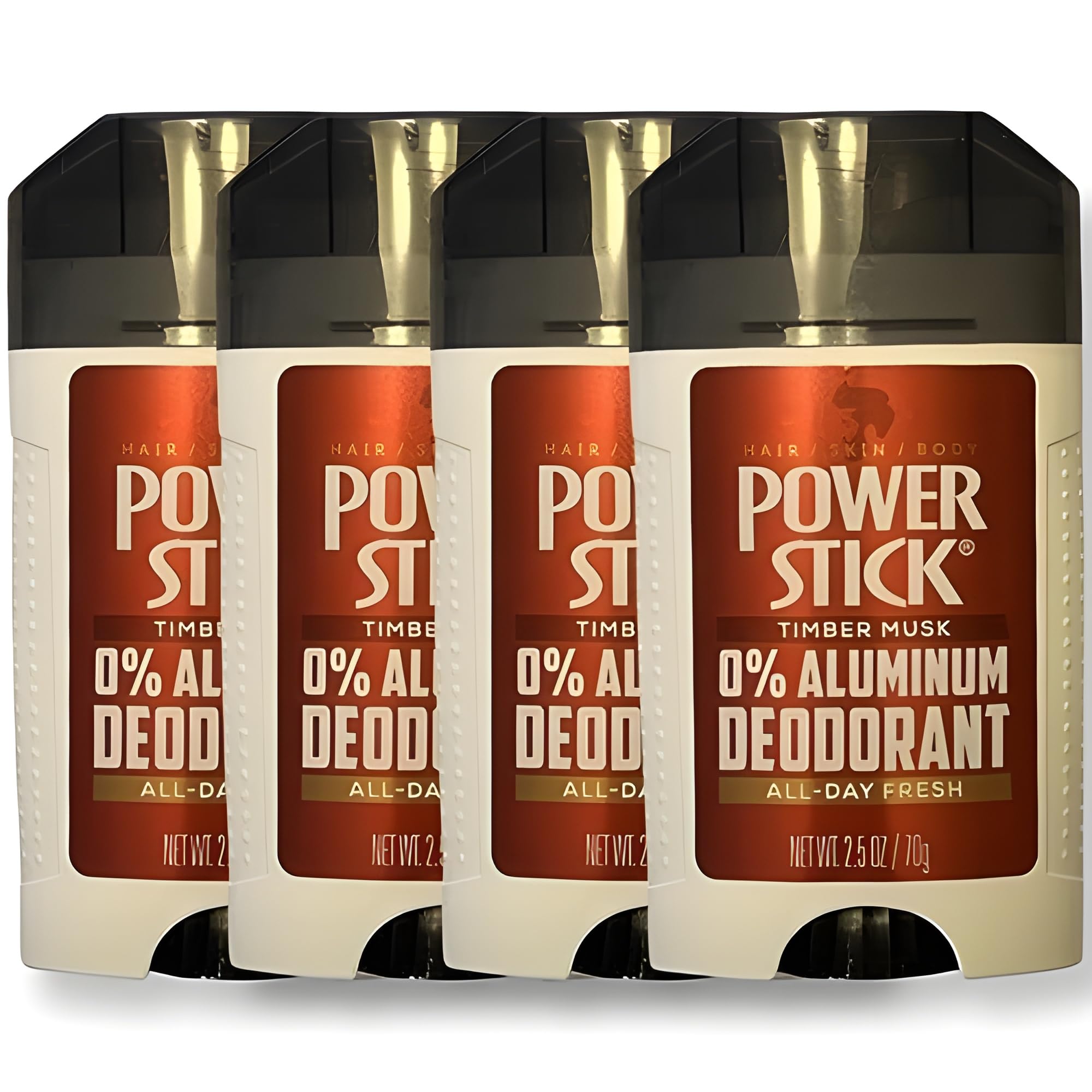 Power Stick Timber Musk deodorant box-packaging communicates value in a four-pack