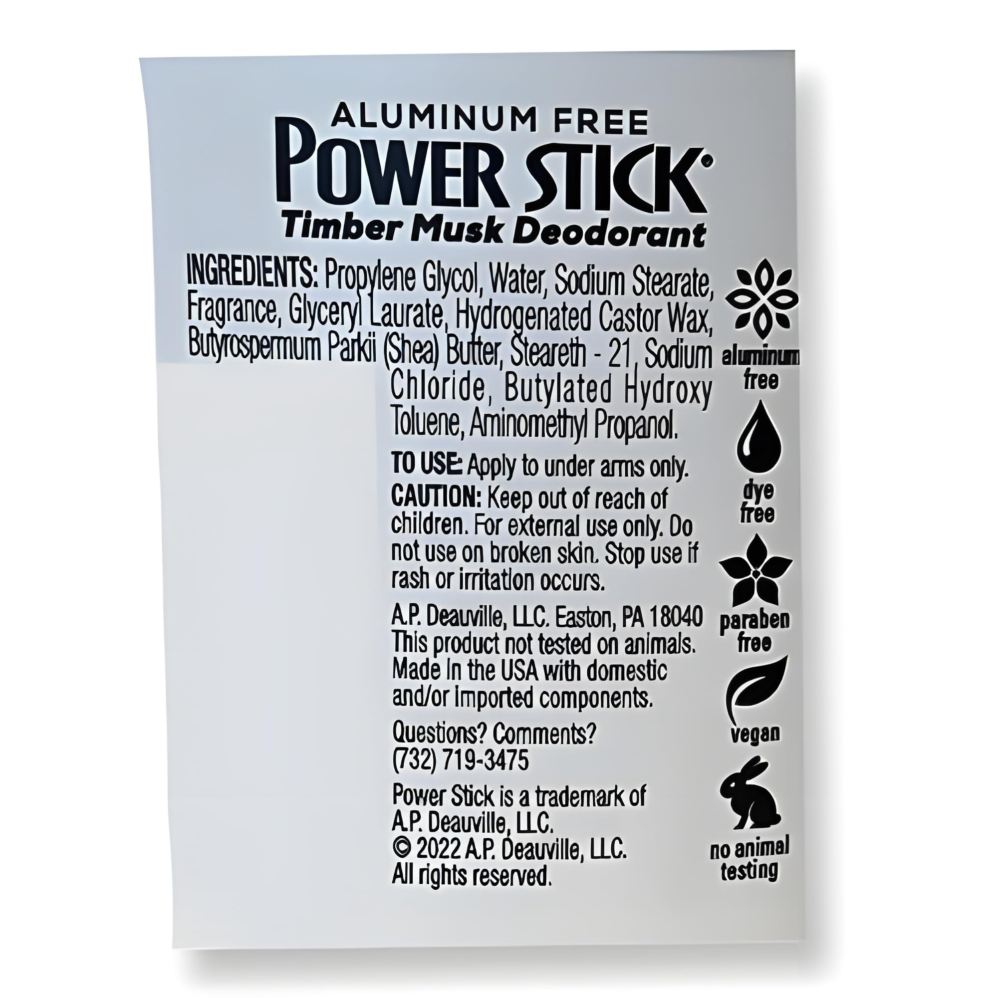 Power Stick Timber Musk deodorant label features bold masculine fragrance for confident wear