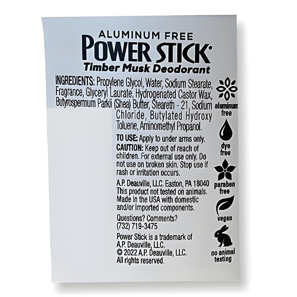 Power Stick Timber Musk deodorant label features bold masculine fragrance for confident wear