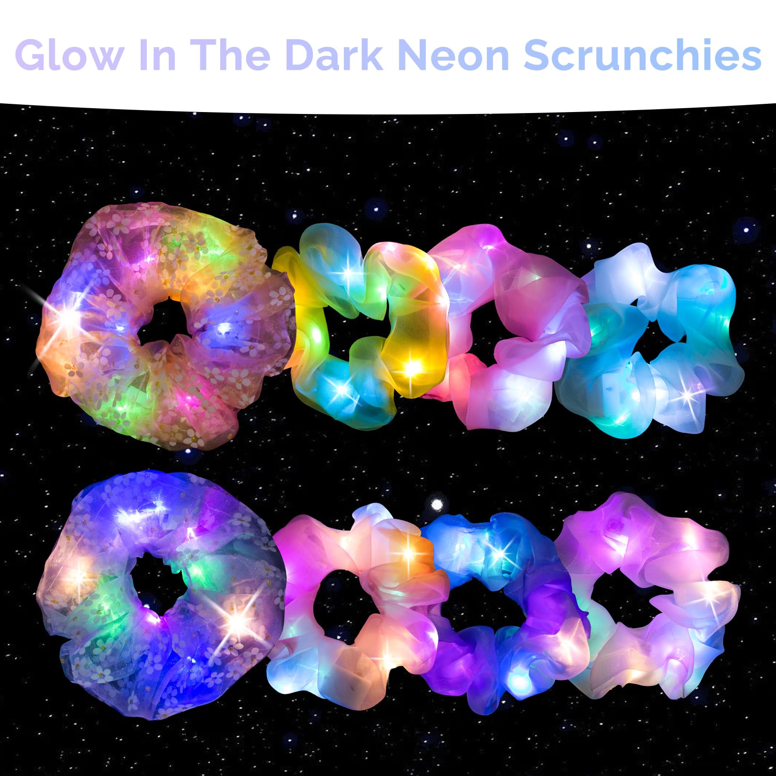 Pozilan LED scrunchies glow-in-the-dark design for night-time sparkle.