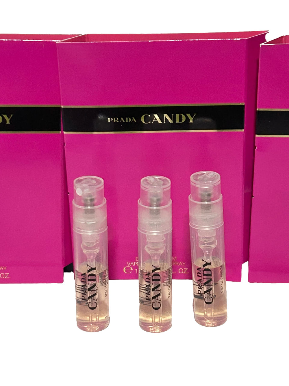 Prada Candy sample vial close-up highlighting caramel accord and warmth.