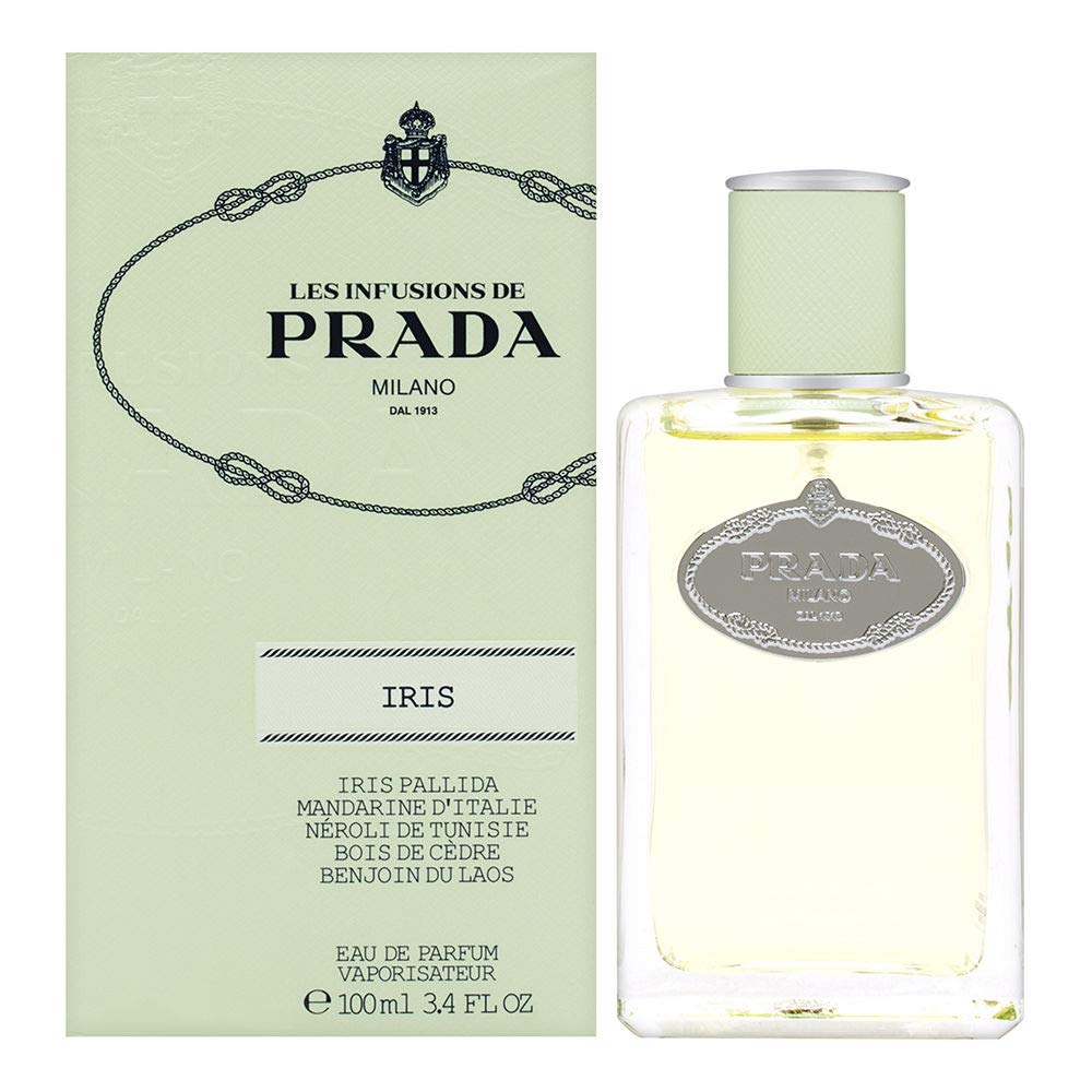 Prada Infusion d'Iris bottle, elegant packaging for all-day refinement.