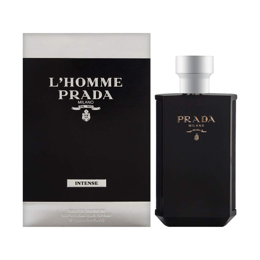 Prada L'Homme Intense bottle front view for daily refined elegance and confidence.