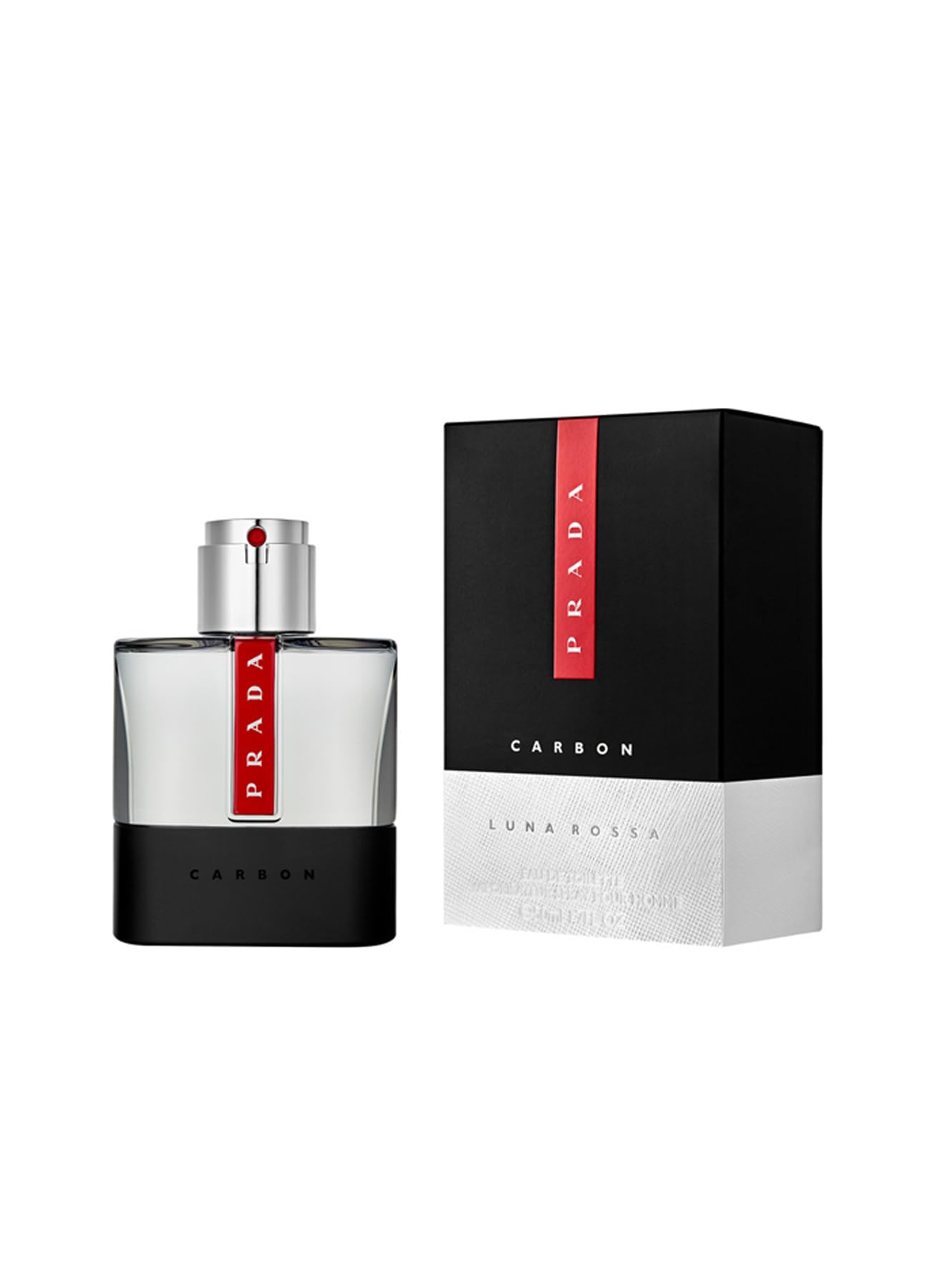 Prada Luna Rossa Carbon in-store promo signage signals style-forward fragrance for men.
