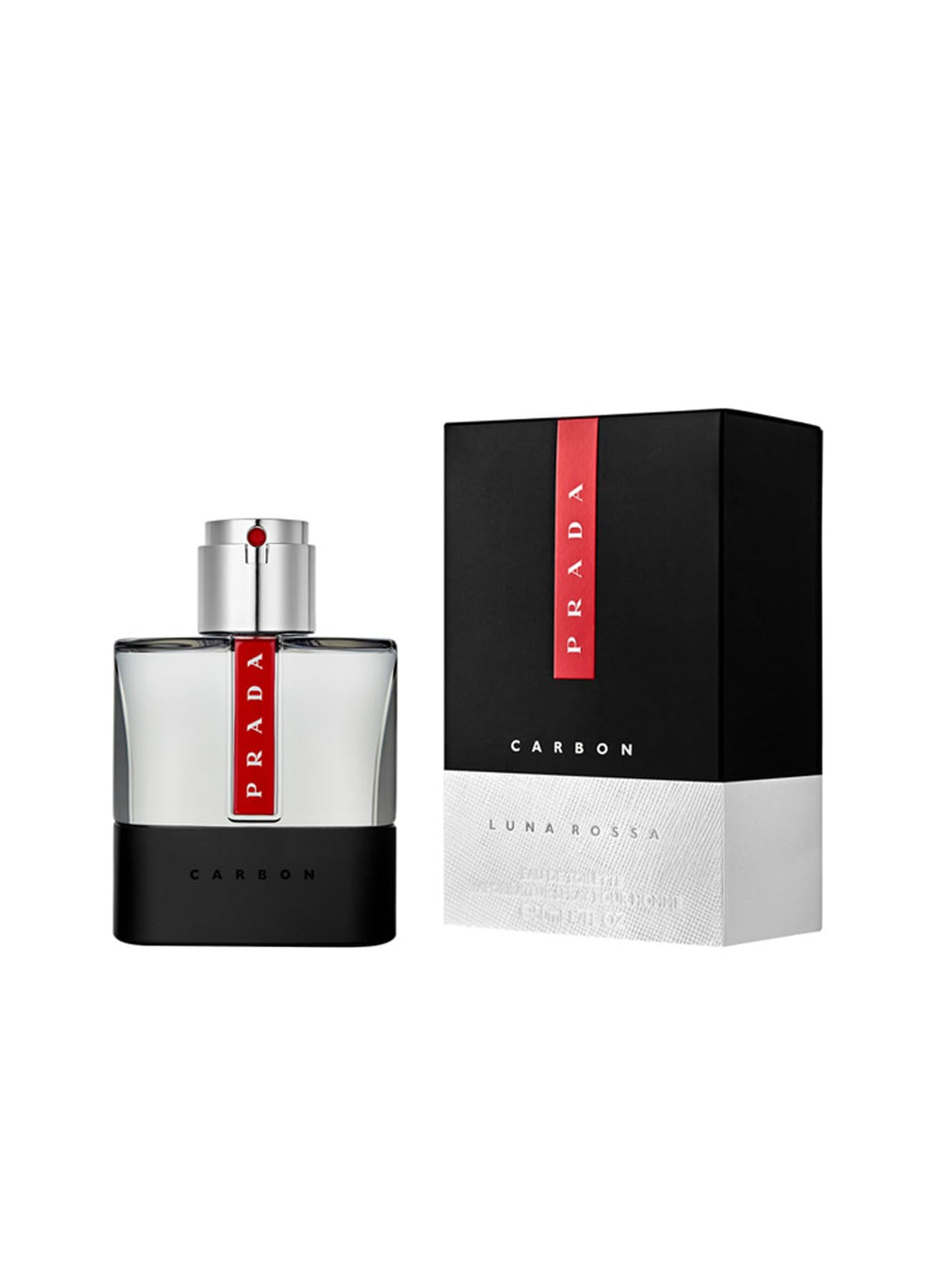 Prada Luna Rossa Carbon in-store promo signage signals style-forward fragrance for men.