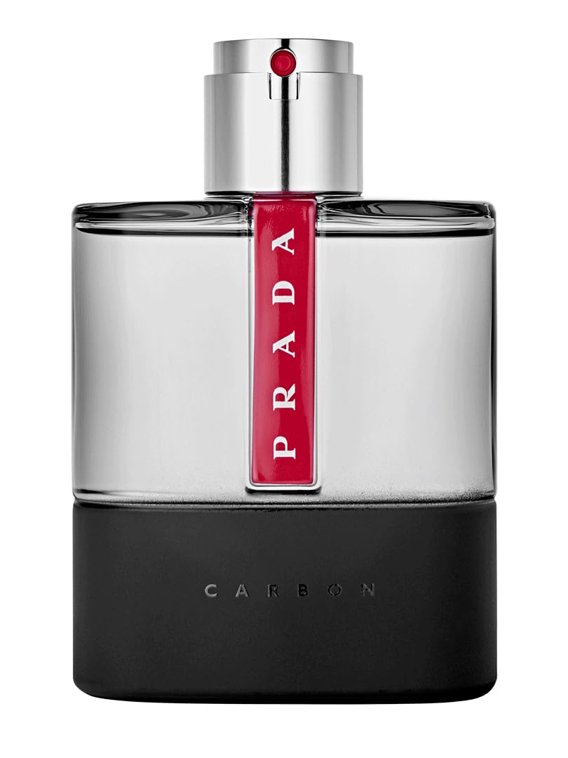 Prada Luna Rossa Carbon packaging display pairs with luxury fragrance collections.
