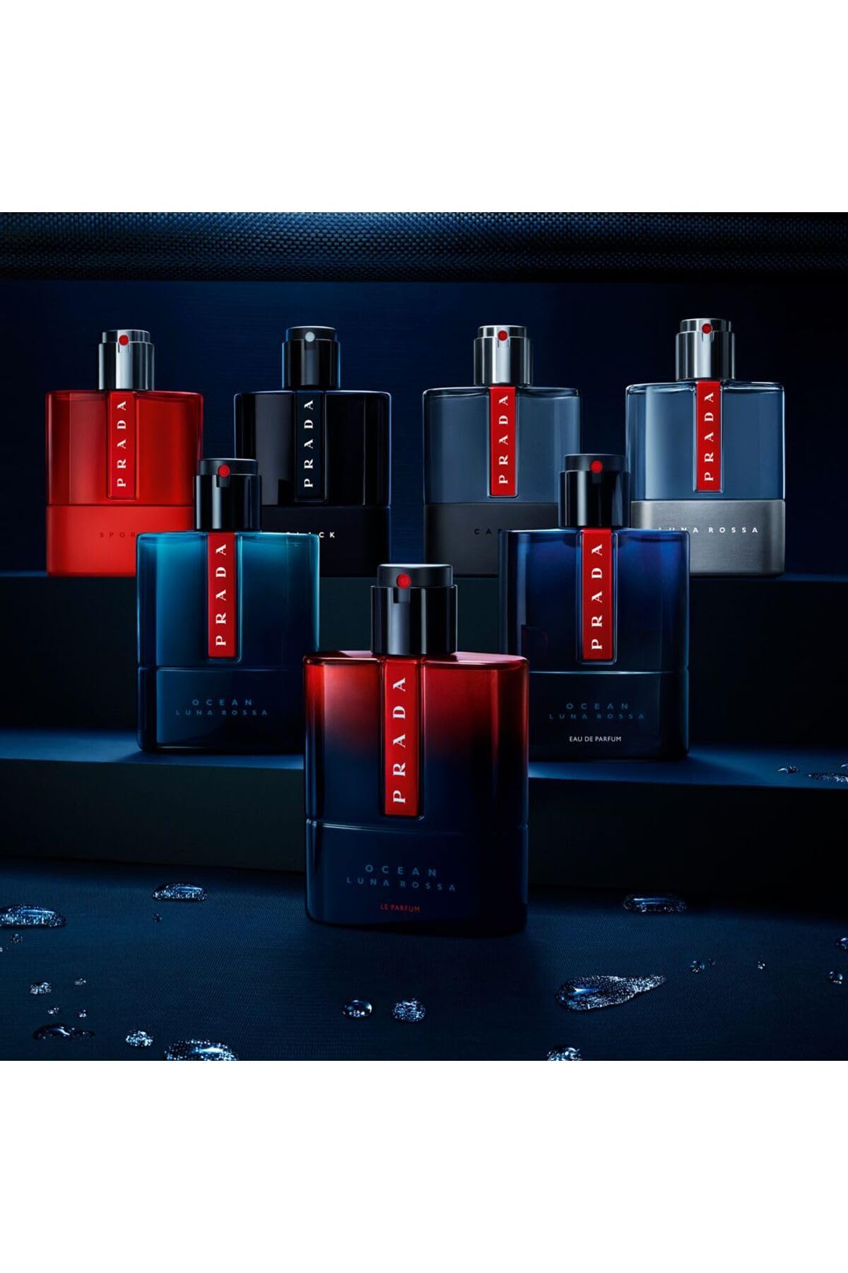 Prada Luna Rossa Carbon wooden display enhances premium retail appeal.