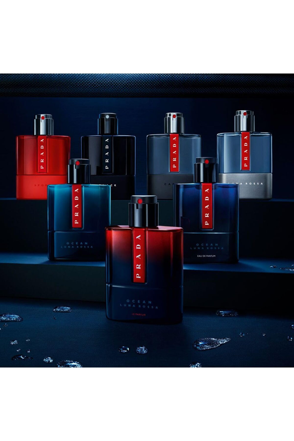 Prada Luna Rossa Carbon wooden display enhances premium retail appeal.
