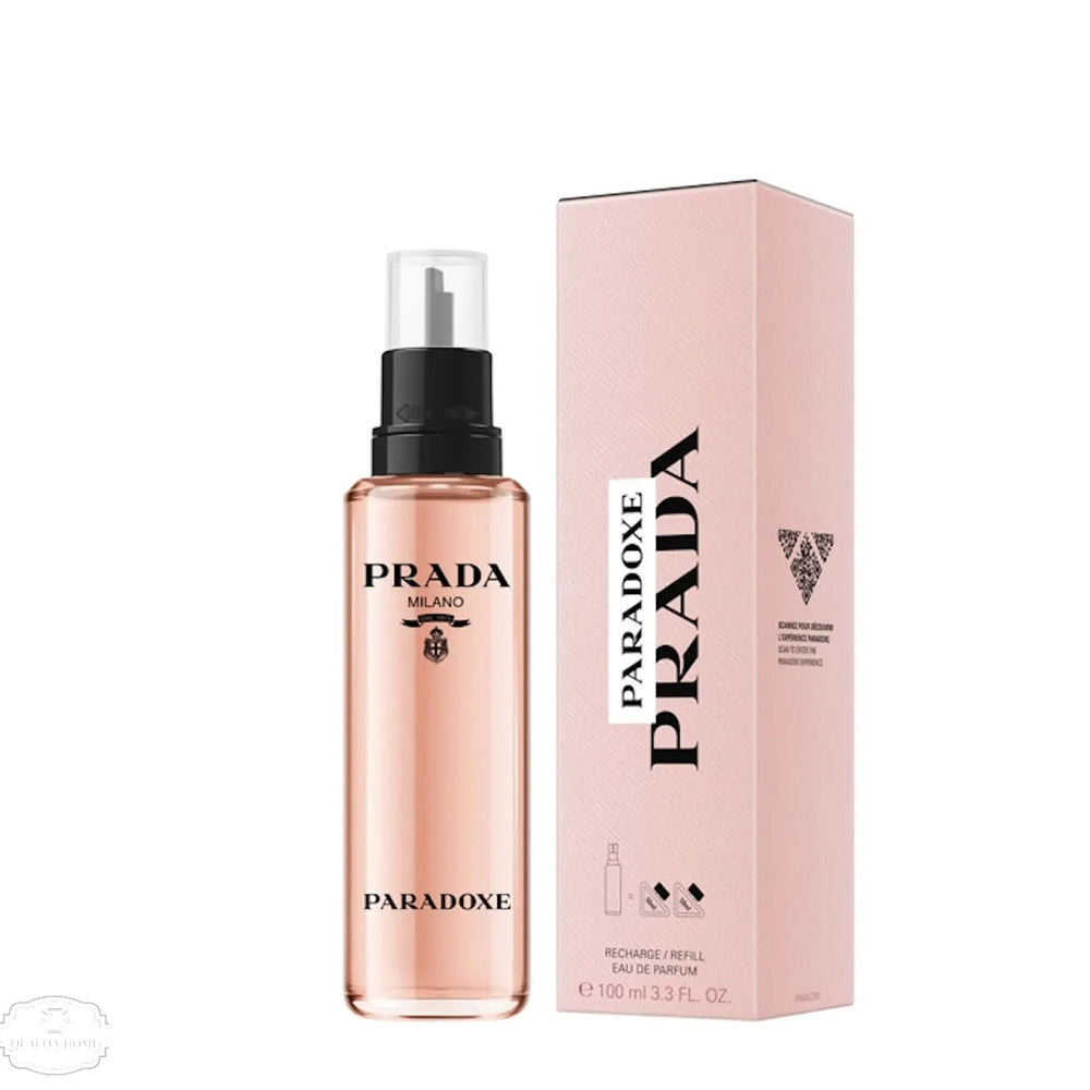 Prada Paradoxe refillable spray bottle displaying floral amber scent for all-day wear
