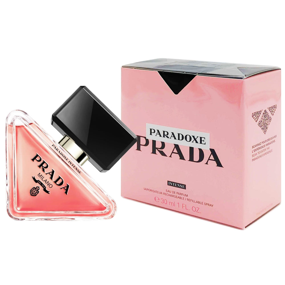 Prada Paradoxe Intense bottle close-up, hinting at long-lasting fragrance rituals.