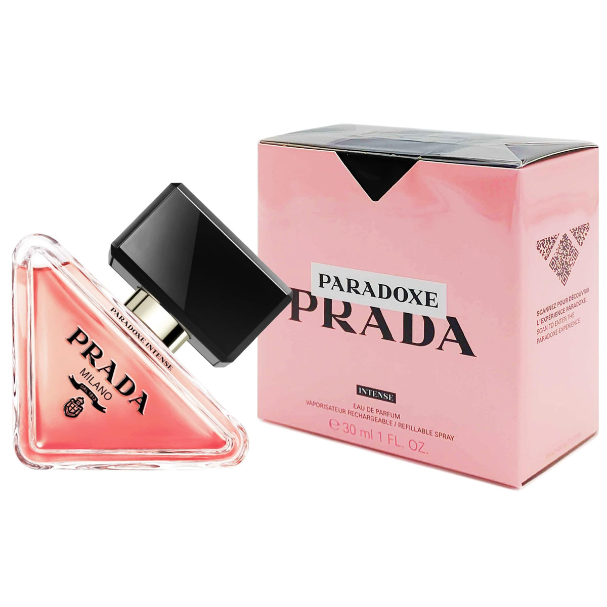 Prada Paradoxe Intense bottle close-up, hinting at long-lasting fragrance rituals.