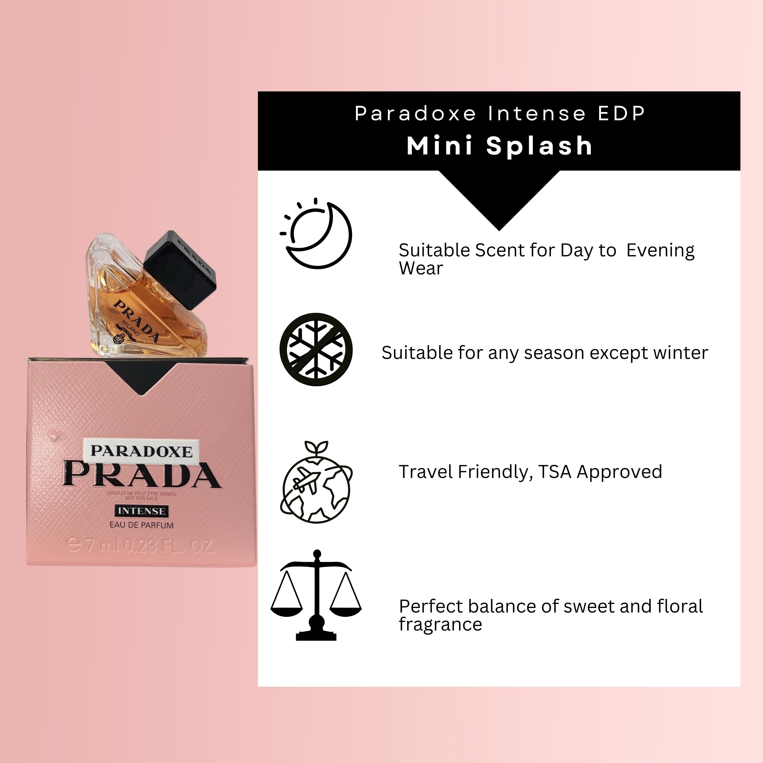 Prada Paradoxe Intense mini splash side view, travel-friendly fragrance sampling